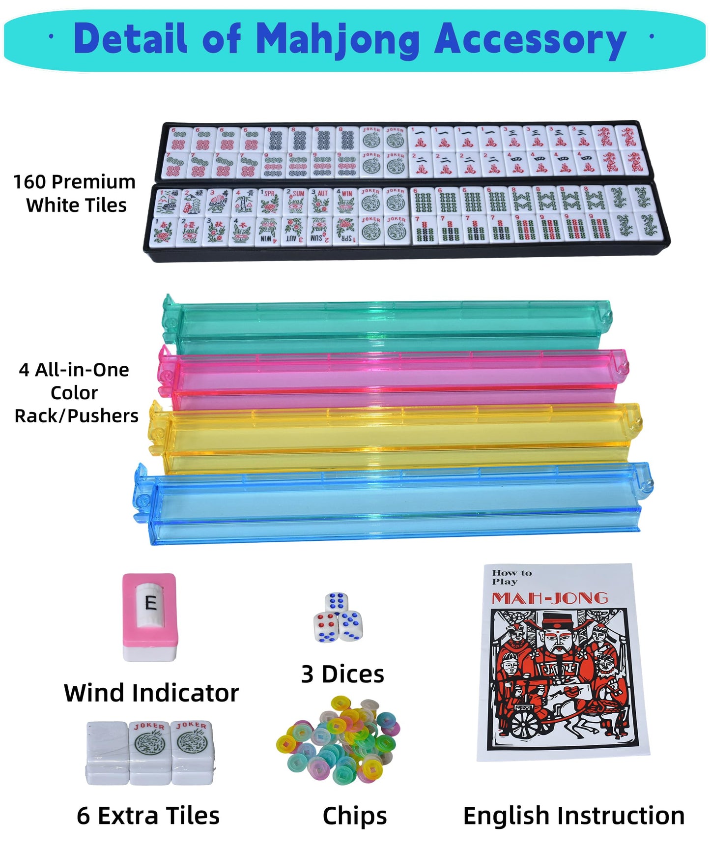 TrendyMate American Mahjong Set for Adults - 166 Premium Tiles, 4 Pushers & Soft Blue Bag