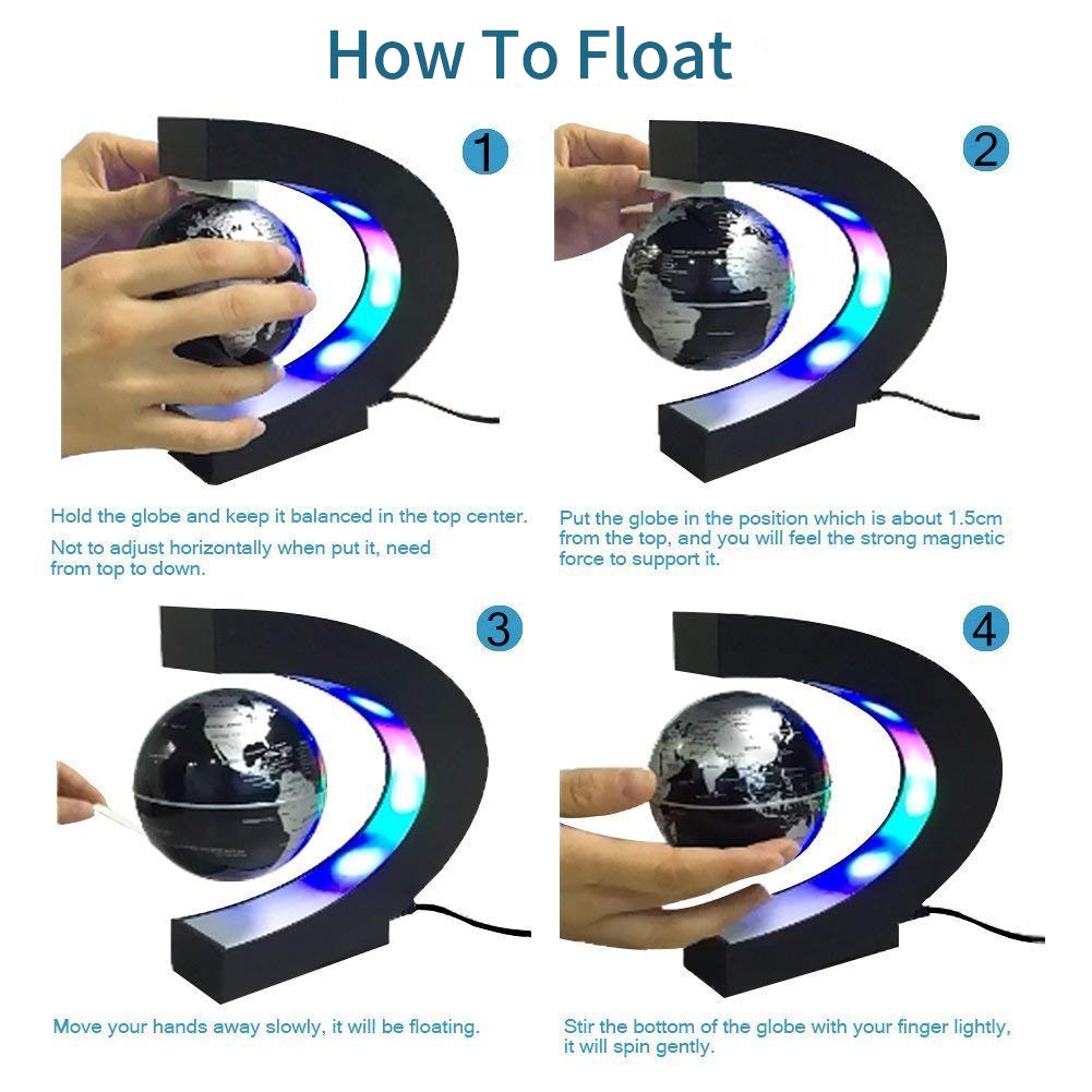 Trenzsary Floating Globe with LED Lights | Magnetic Levitation Desk Decor (C Shape, 3-Inch)