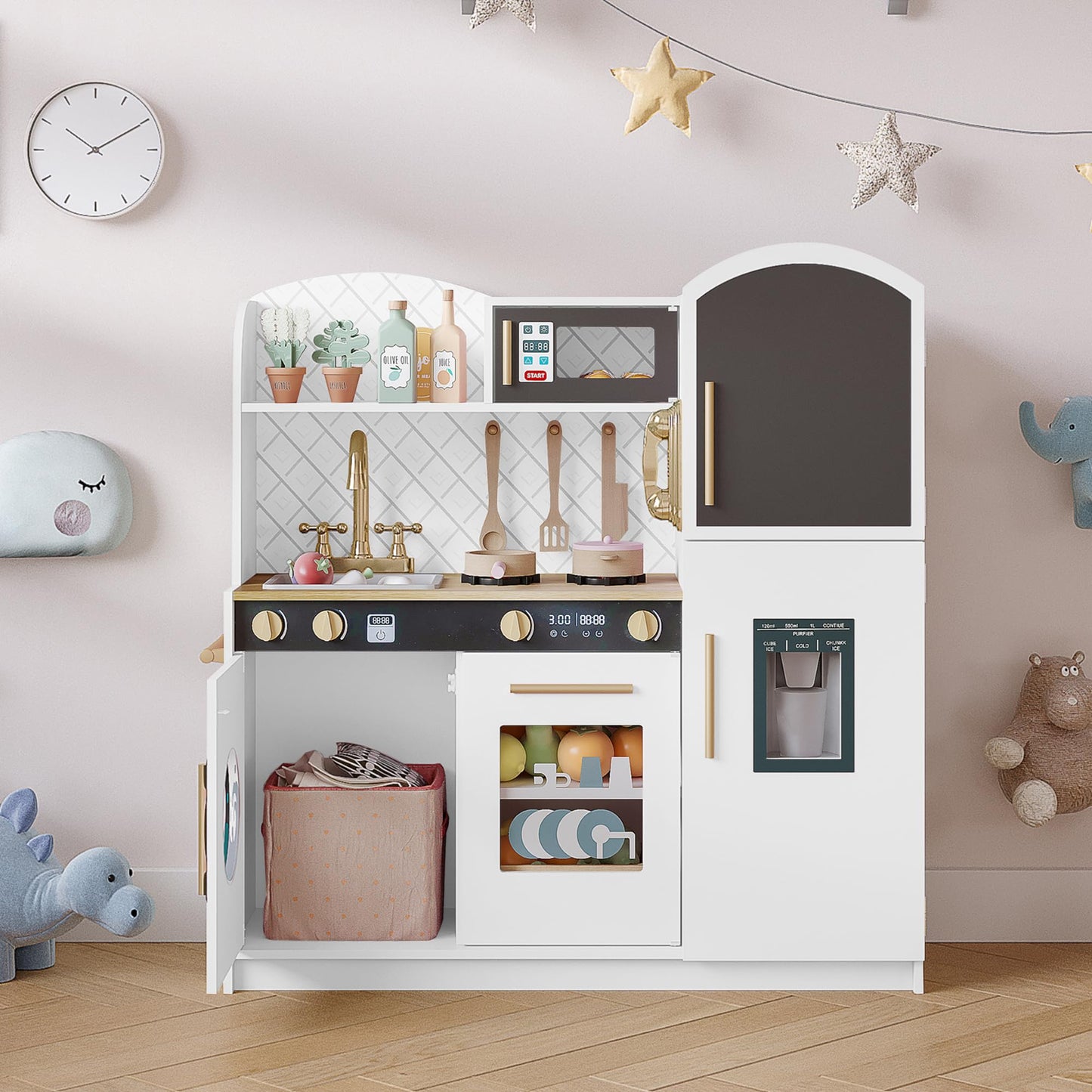 Treocho Play Kitchen for Kids – Wooden Toddler Kitchen Set with Storage (White)