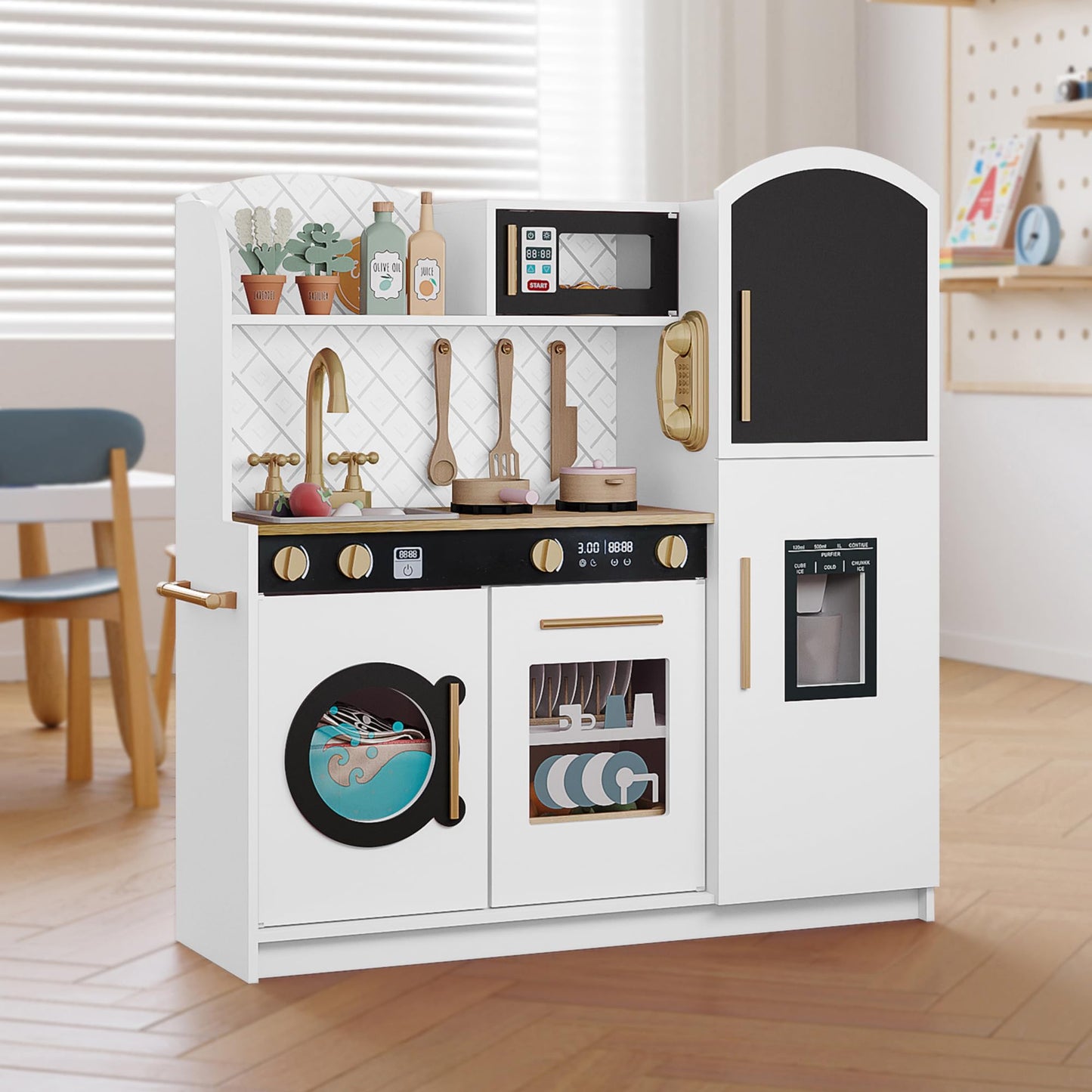 Treocho Play Kitchen for Kids – Wooden Toddler Kitchen Set with Storage (White)