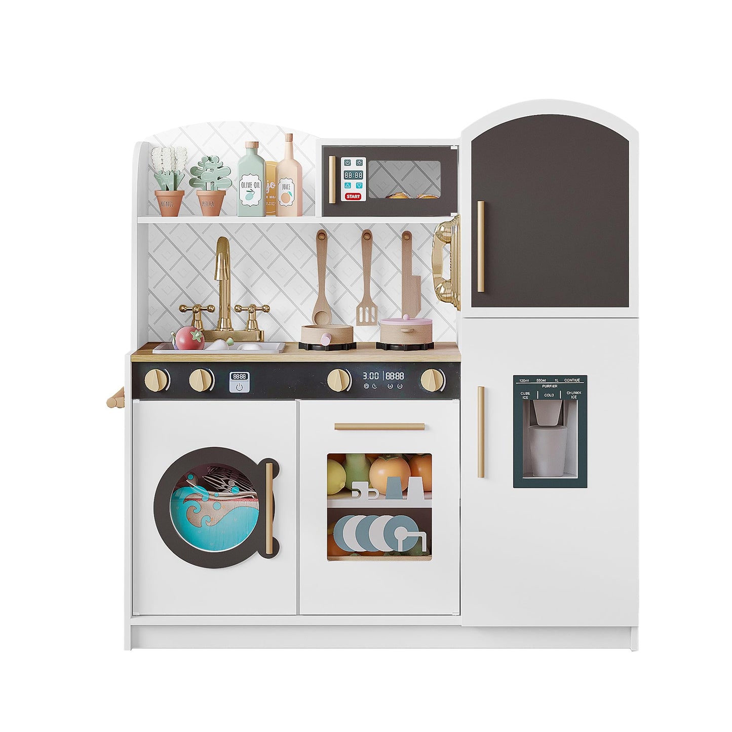 Treocho Play Kitchen for Kids – Wooden Toddler Kitchen Set with Storage (White)
