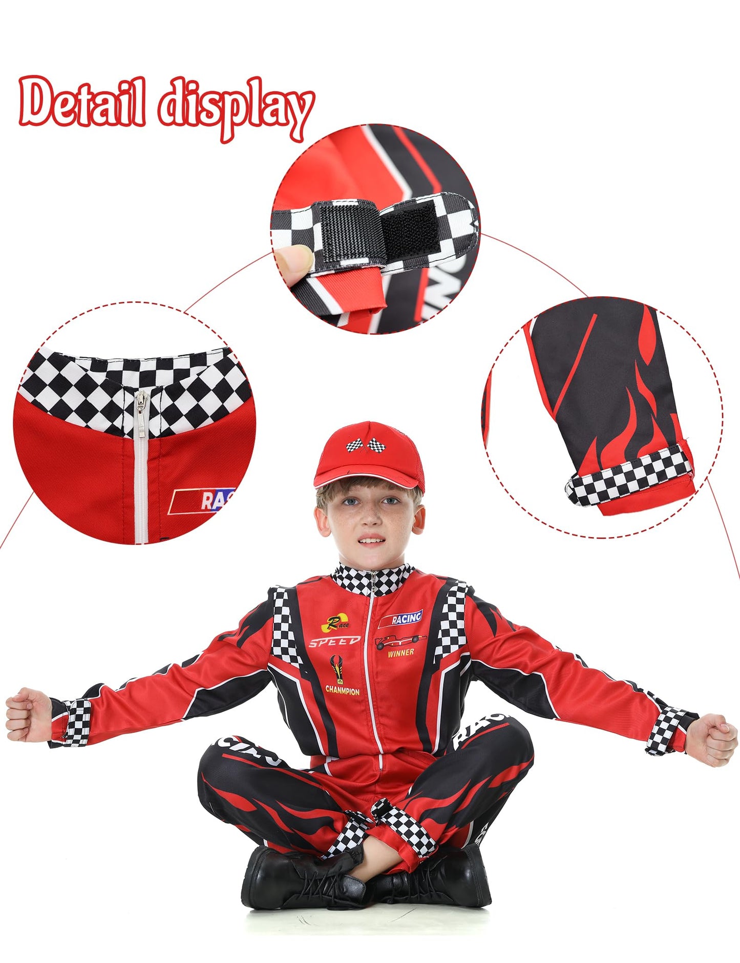 Treyrea Race Car Driver Costume for Kids – Red Jumpsuit with Car Cap for Halloween Dress Up