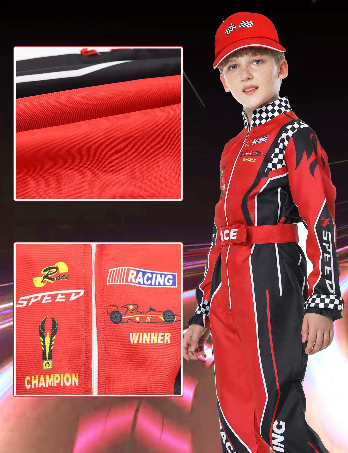 Treyrea Race Car Driver Costume for Kids – Red Jumpsuit with Car Cap for Halloween Dress Up