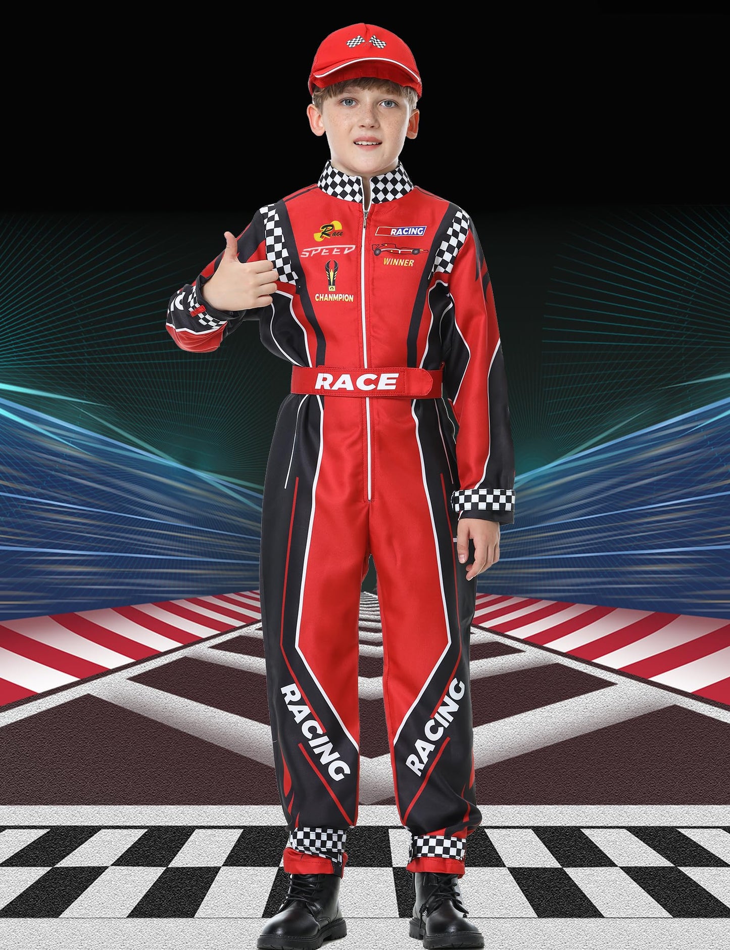 Treyrea Race Car Driver Costume for Kids – Red Jumpsuit with Car Cap for Halloween Dress Up