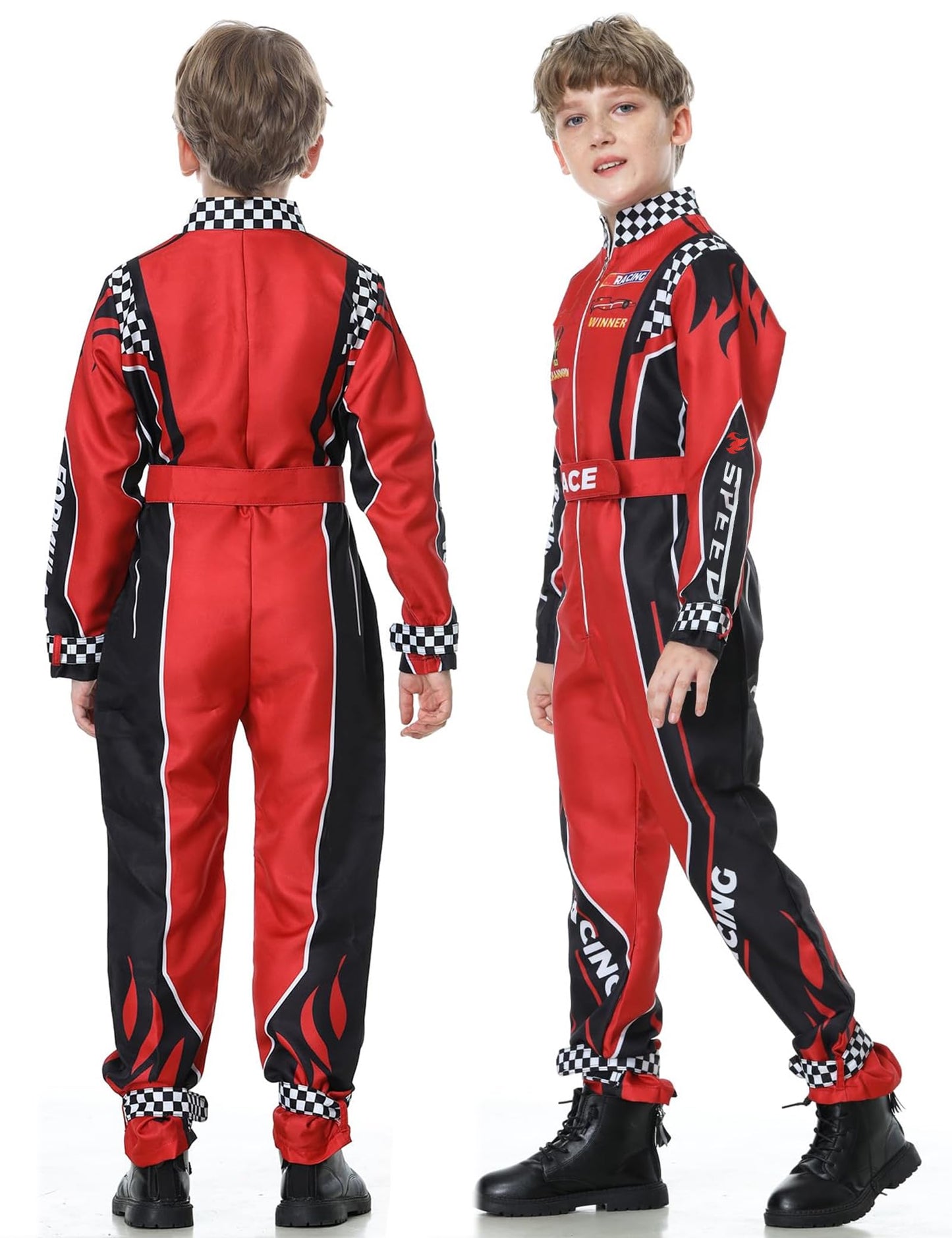 Treyrea Race Car Driver Costume for Kids – Red Jumpsuit with Car Cap for Halloween Dress Up