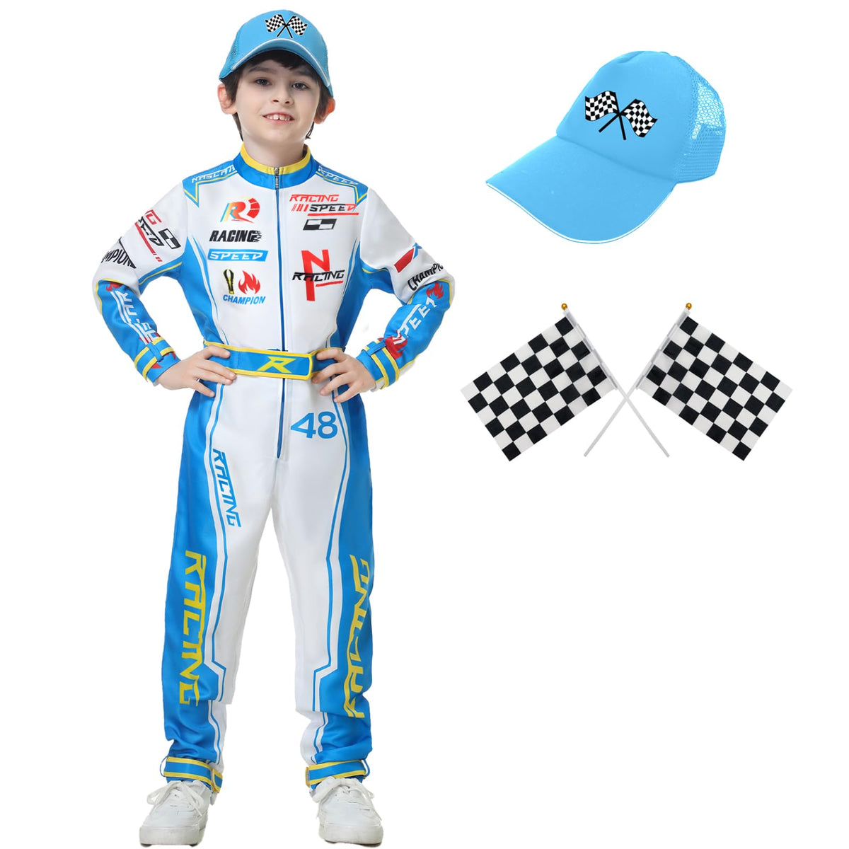 Treyrea Race Car Driver Costume for Boys – Blue Jumpsuit with Car Cap (XL)