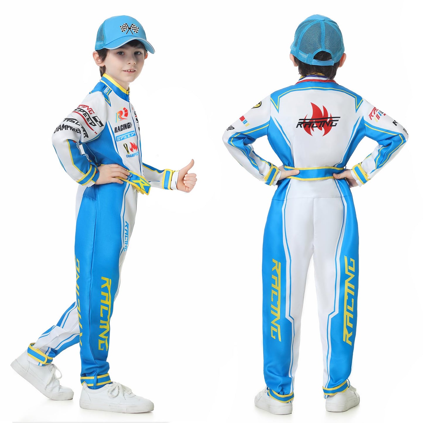 Treyrea Race Car Driver Costume for Boys – Blue Jumpsuit with Car Cap (XL)