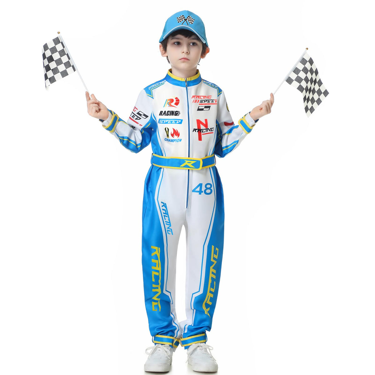 Treyrea Race Car Driver Costume for Boys – Blue Jumpsuit with Car Cap (XL)