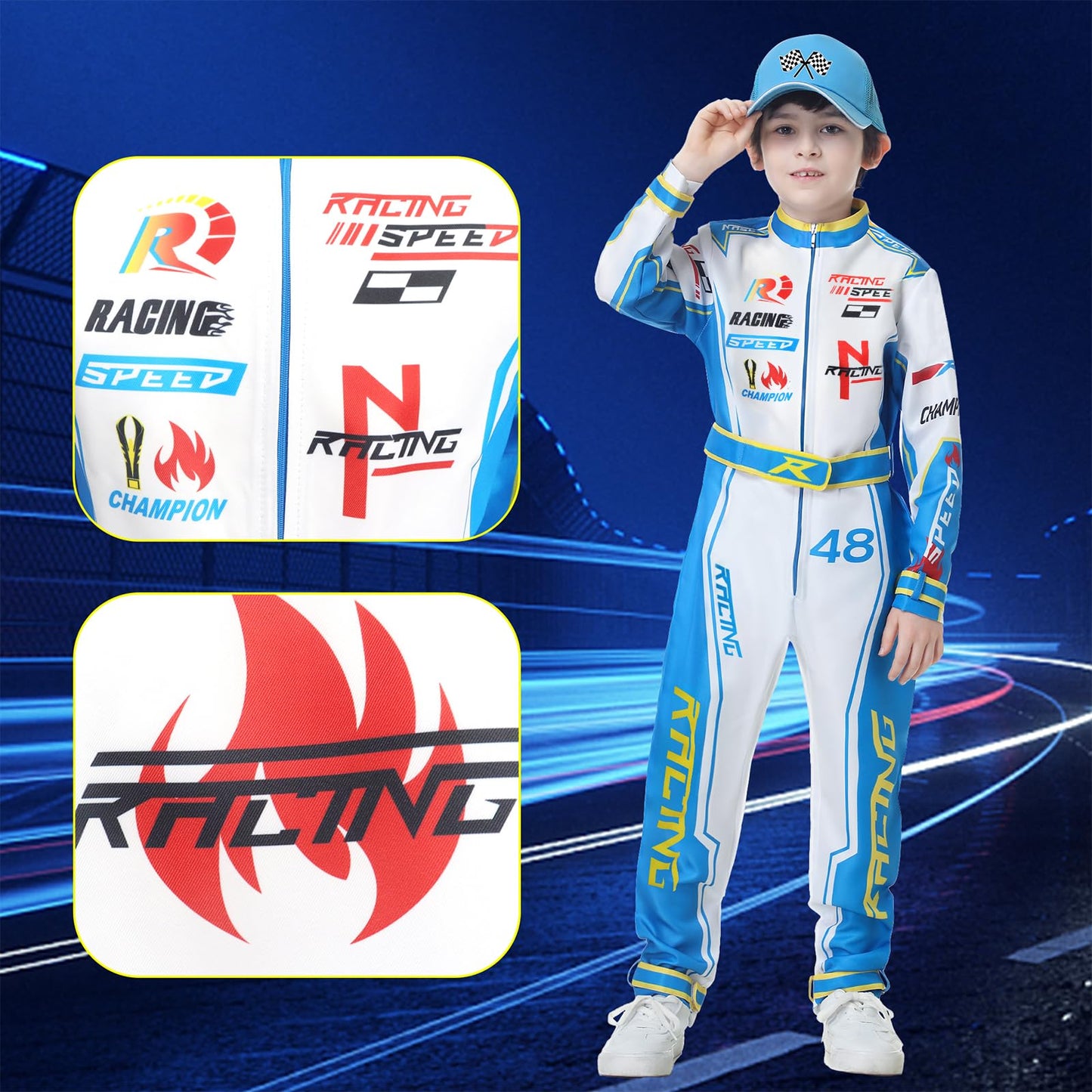 Treyrea Race Car Driver Costume for Boys – Blue Jumpsuit with Car Cap (XL)