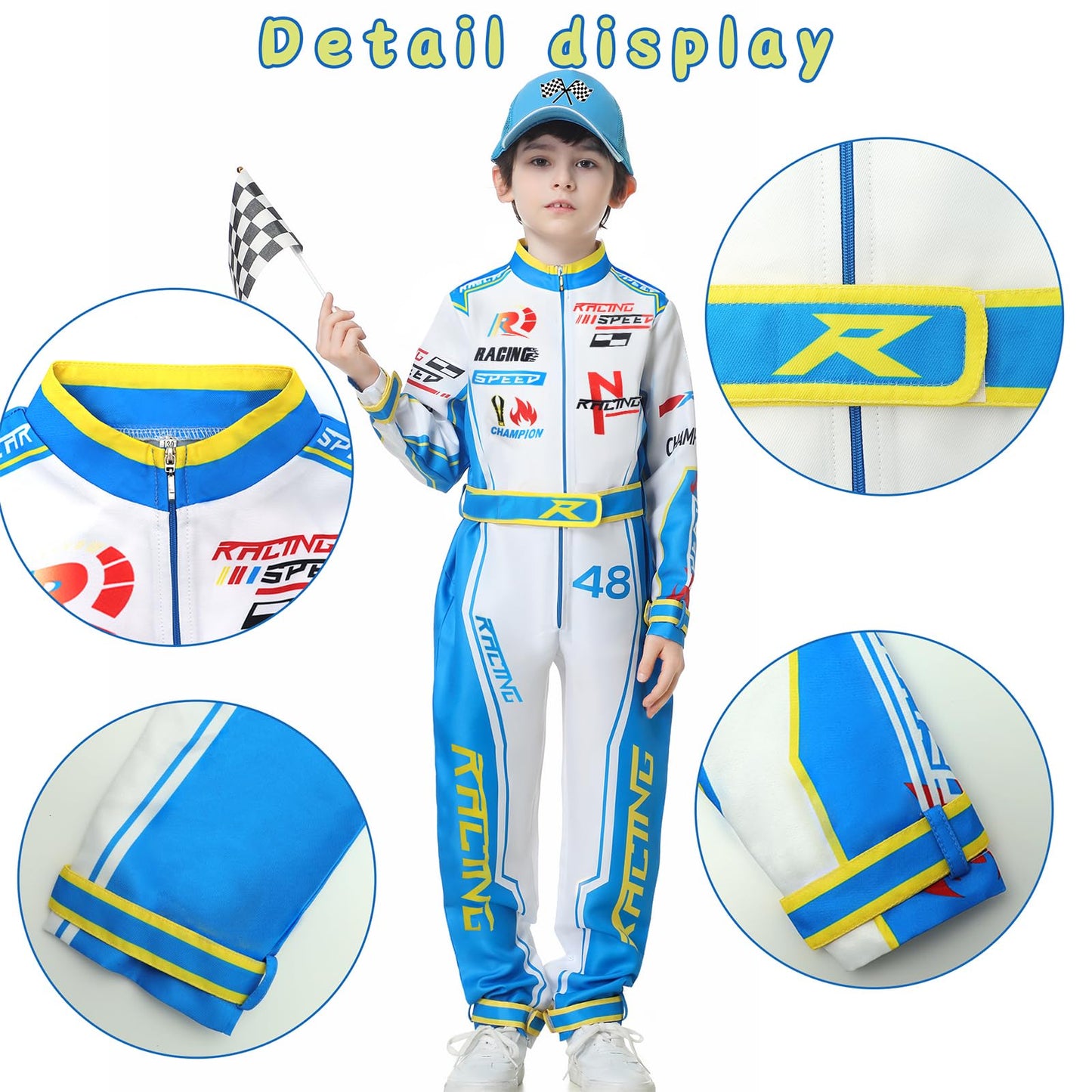 Treyrea Race Car Driver Costume for Boys – Blue Jumpsuit with Car Cap (XL)