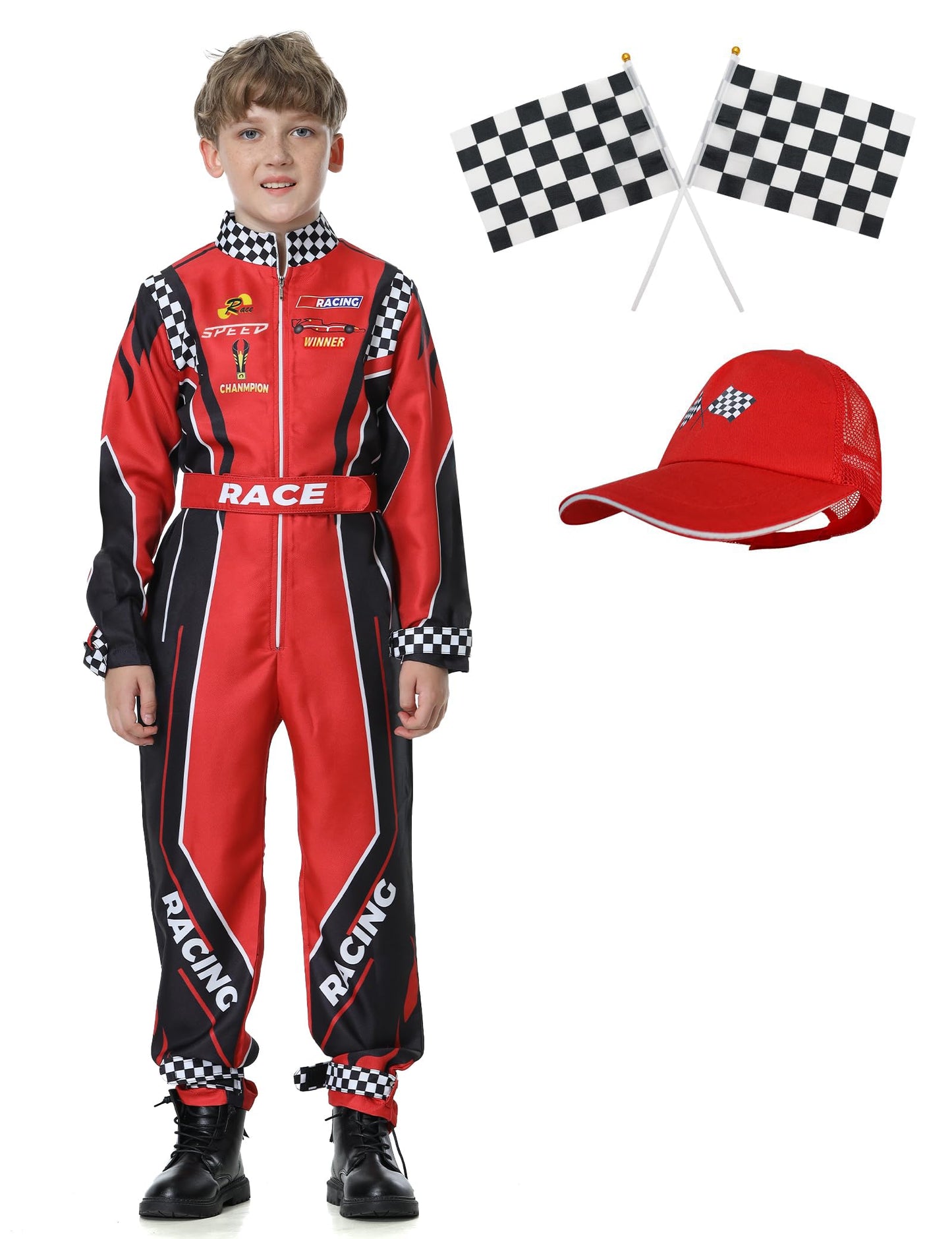 Treyrea Race Car Driver Costume for Kids – Red Jumpsuit with Car Cap for Halloween Dress Up