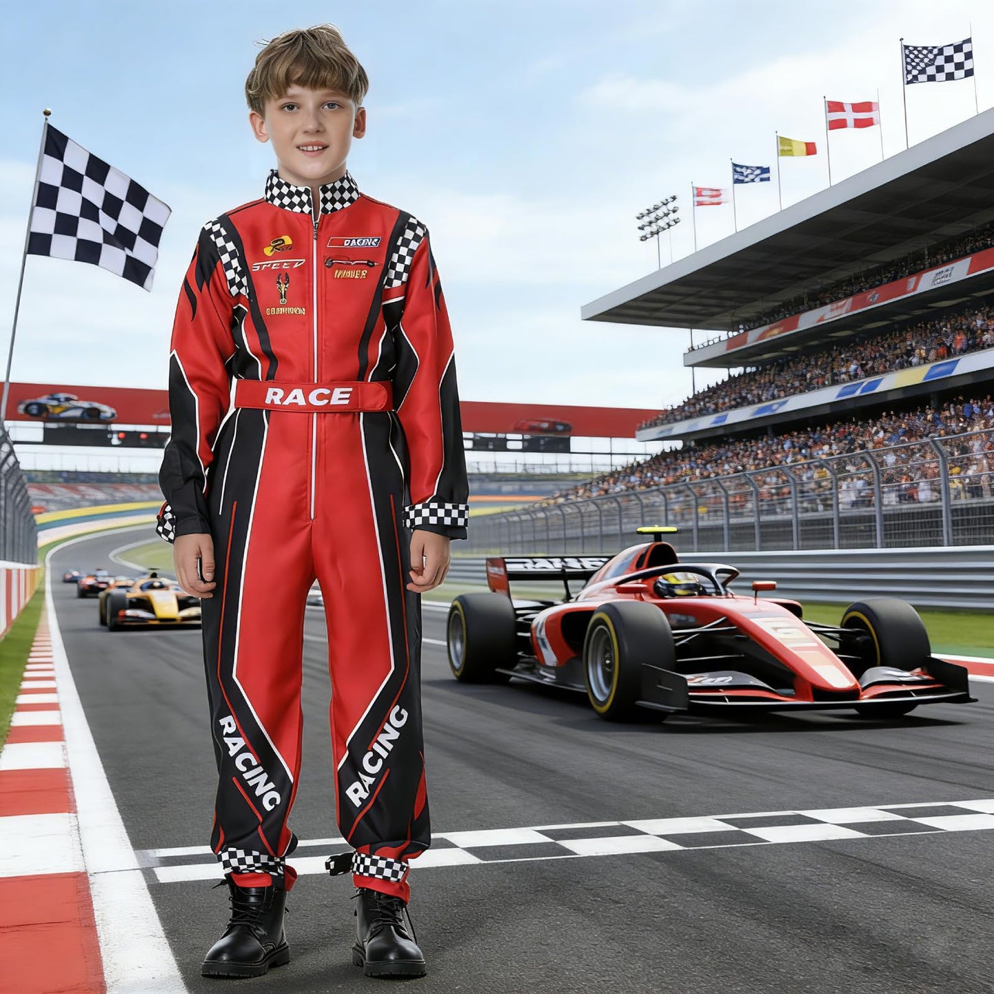 Treyrea Race Car Driver Costume for Kids – Red Jumpsuit with Car Cap for Halloween Dress Up