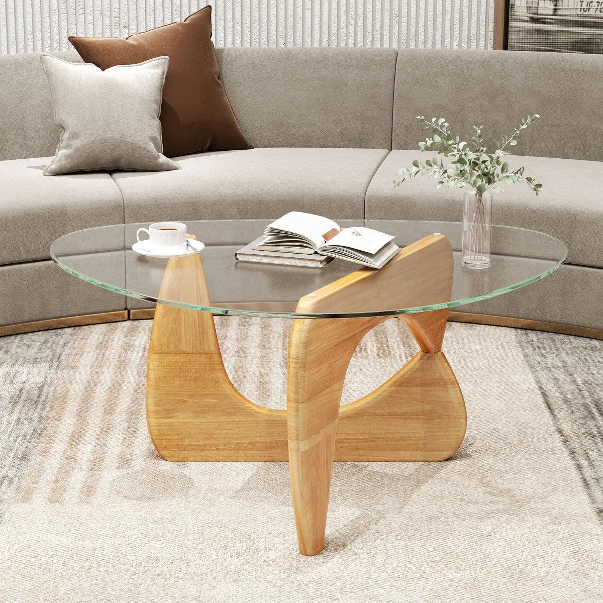 Triangle Coffee Table End Table with Tempered Glass Top-Natural