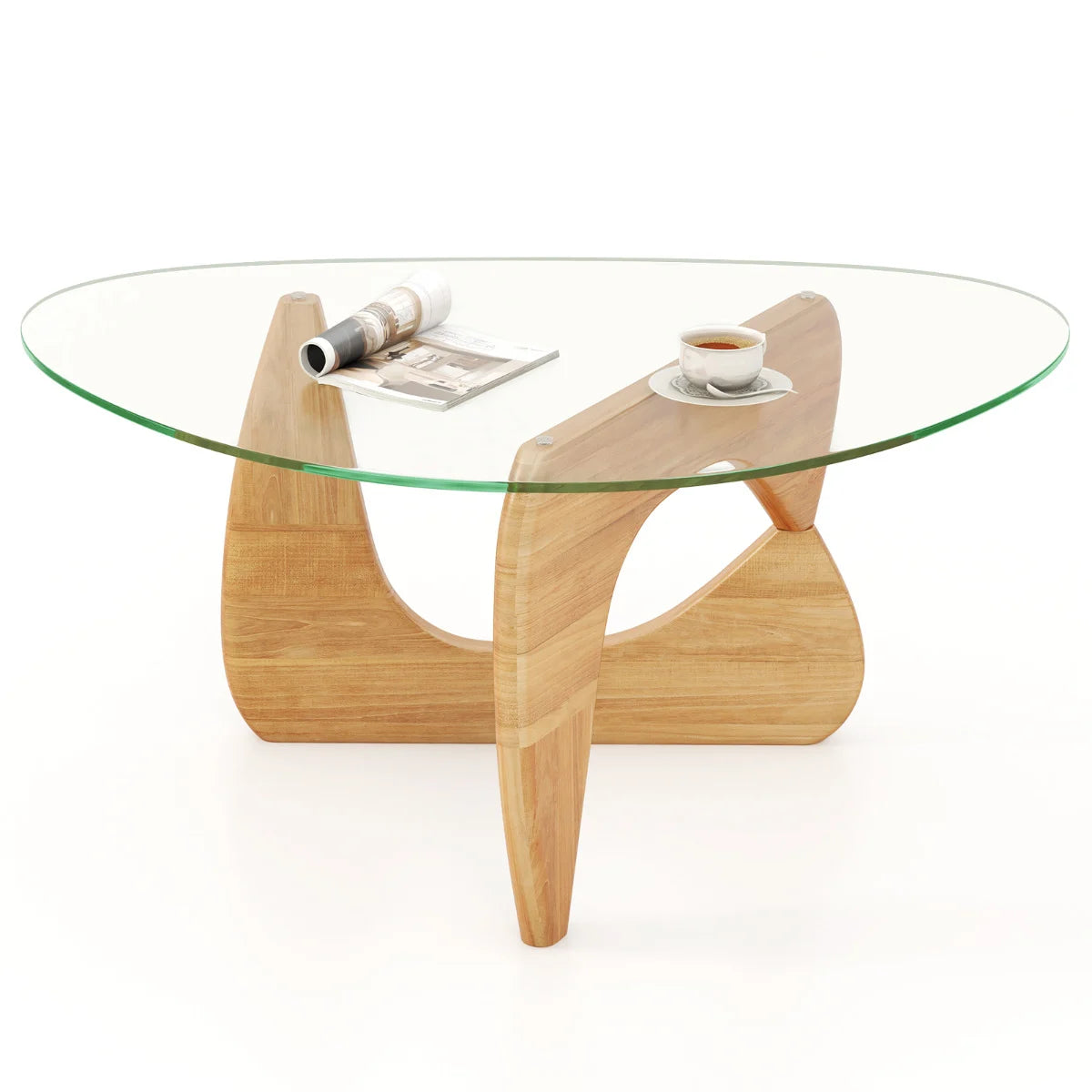 Triangle Coffee Table End Table with Tempered Glass Top-Natural