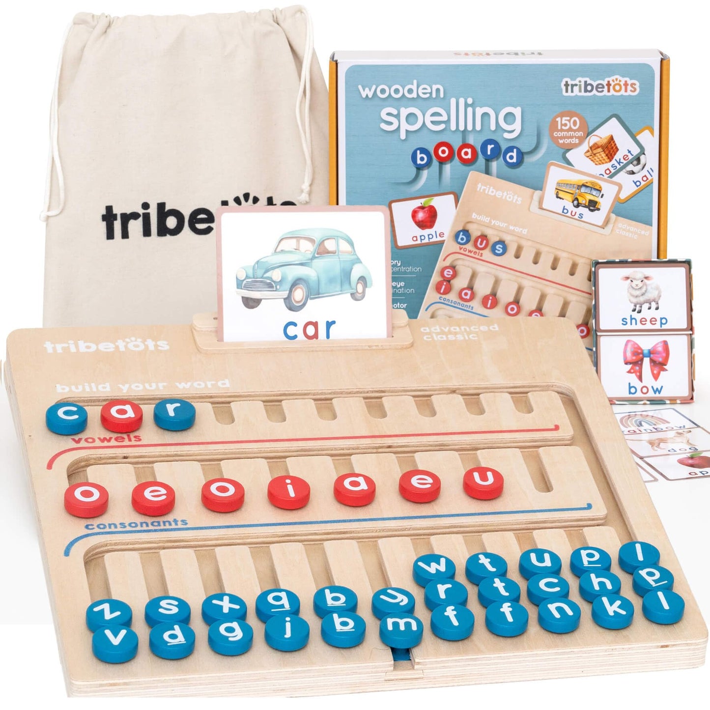 Tribetots Montessori Alphabet Board with Flashcards – Wooden Reading & Spelling Toy for 4+