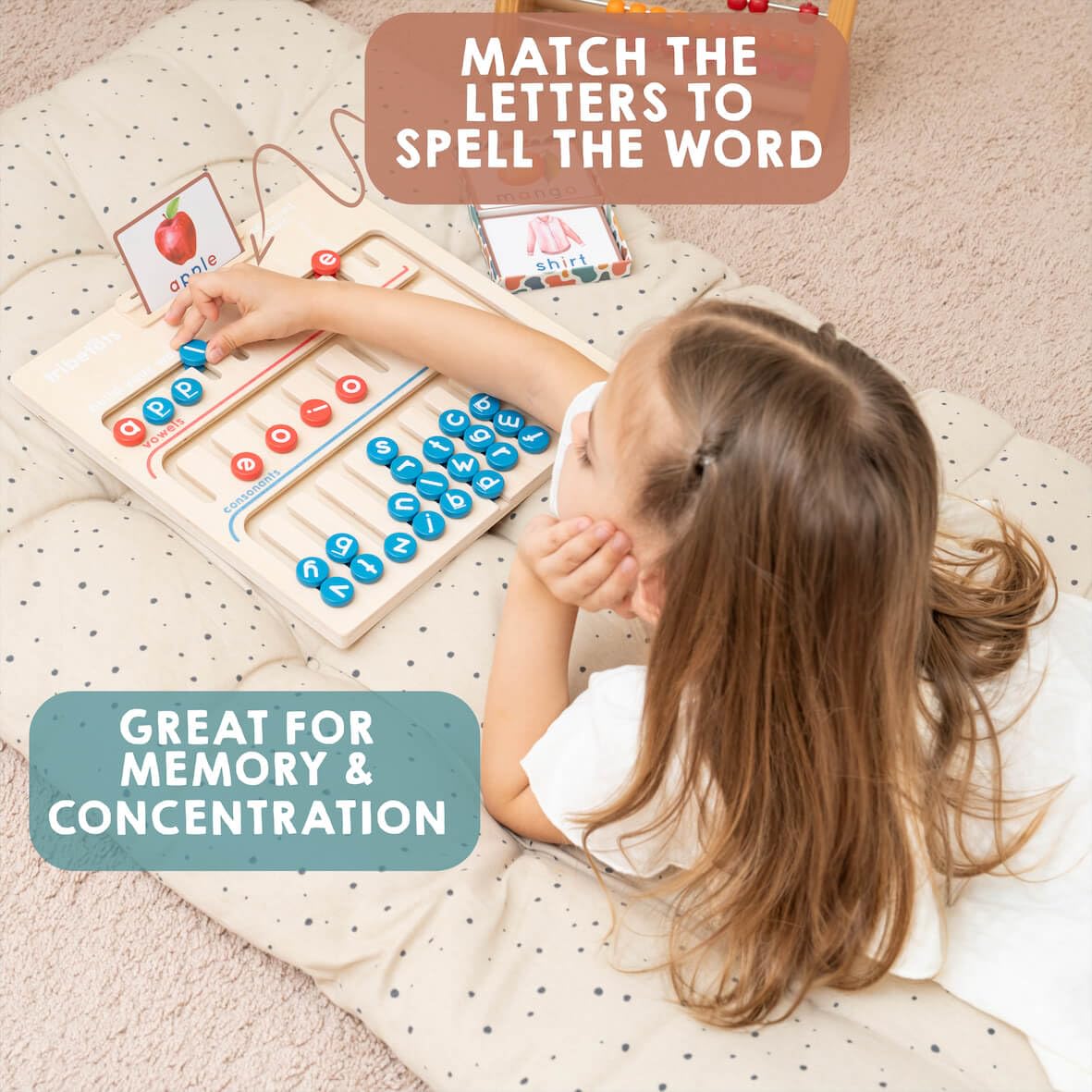 Tribetots Montessori Alphabet Board with Flashcards – Wooden Reading & Spelling Toy for 4+