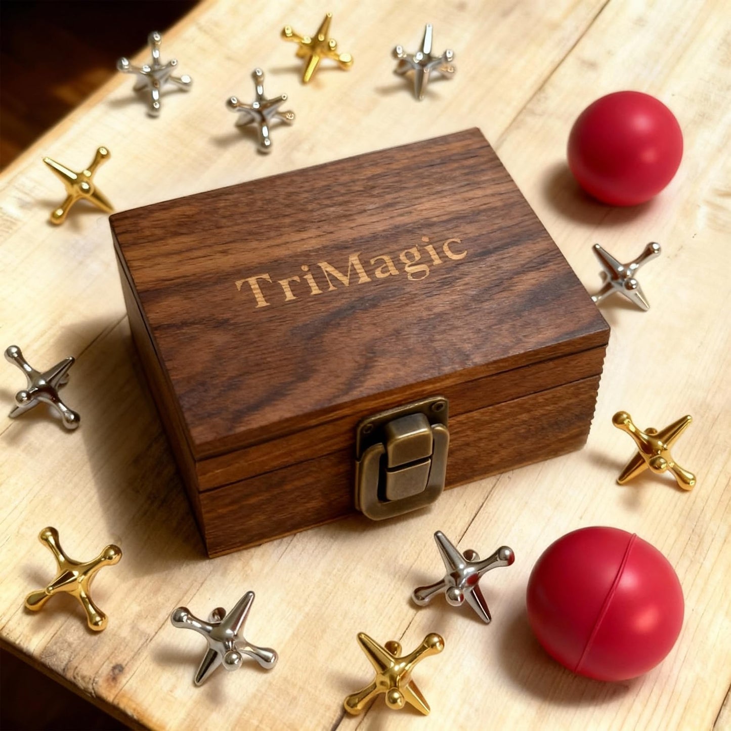 TriMagic Metal Jacks Game with Ball – Vintage Wooden Gift Box, 20 Jacks & 2 Balls