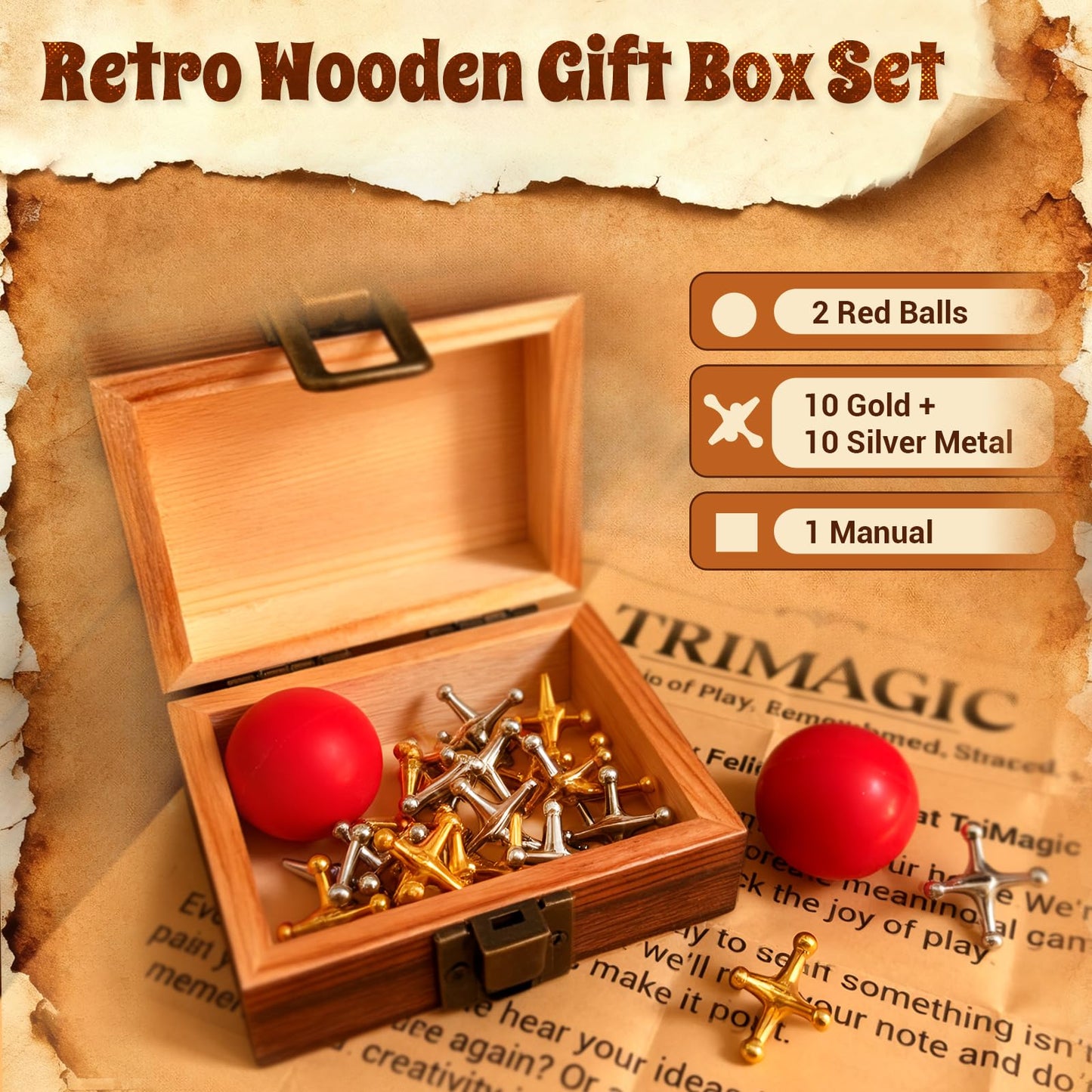 TriMagic Metal Jacks Game with Ball – Vintage Wooden Gift Box, 20 Jacks & 2 Balls