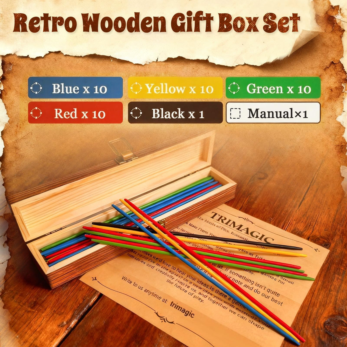 TriMagic Pick Up Sticks Original Game — 41-Piece Wooden Mikado in Gift Box | Nostalgic Family Fun