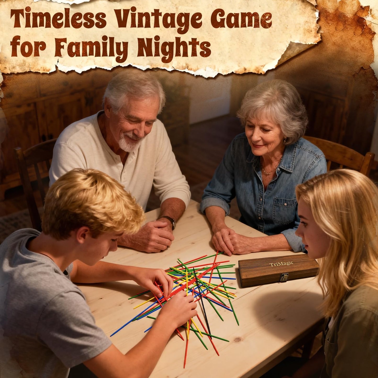 TriMagic Pick Up Sticks Original Game — 41-Piece Wooden Mikado in Gift Box | Nostalgic Family Fun