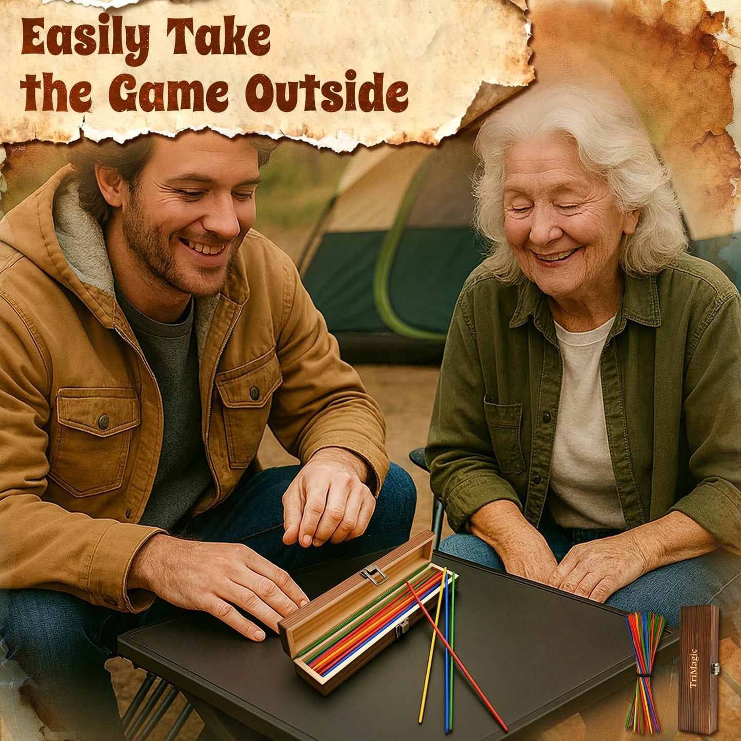 TriMagic Pick Up Sticks Original Game — 41-Piece Wooden Mikado in Gift Box | Nostalgic Family Fun