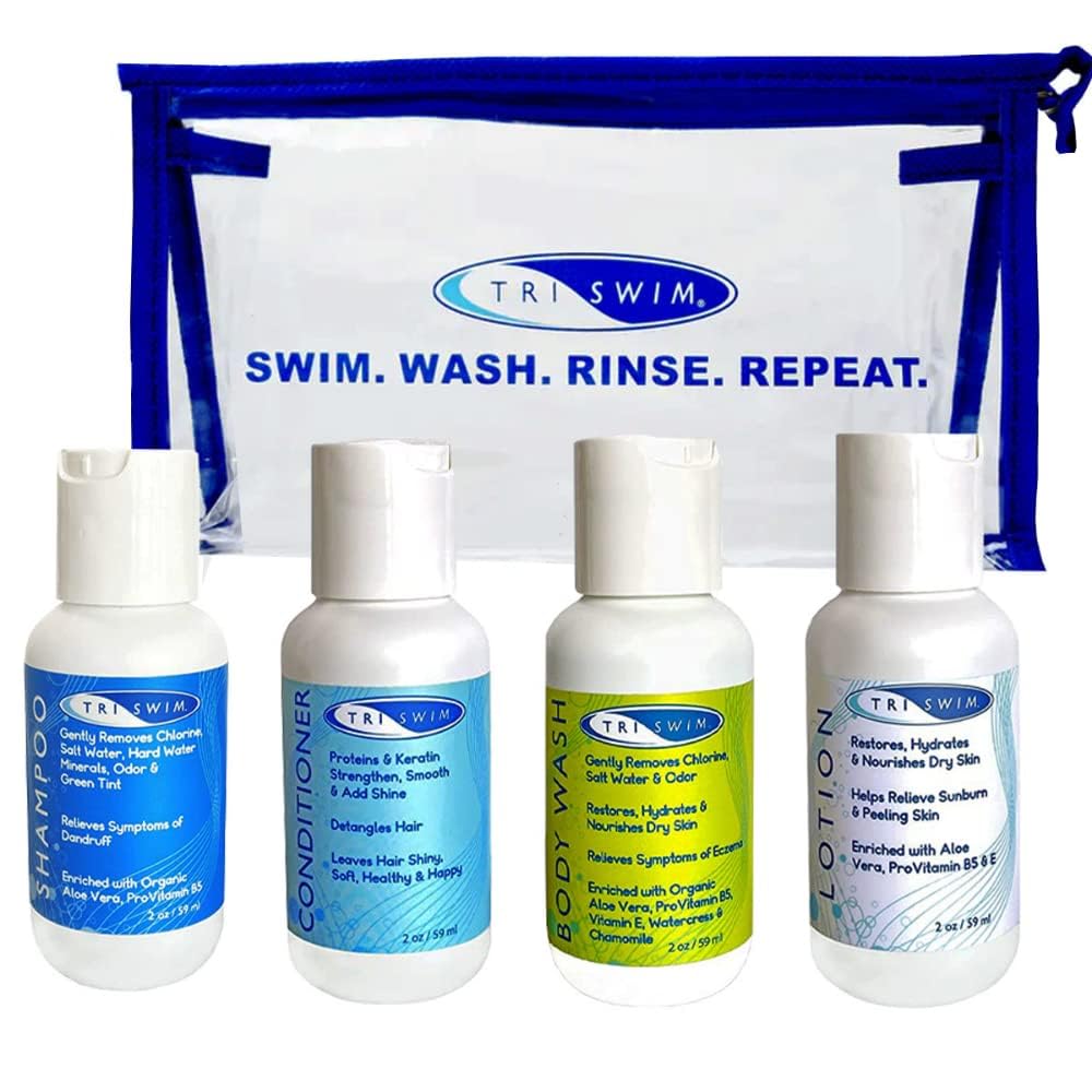 TRISWIM Shot Set in Travel Bag – 2oz Chlorine-Out Shampoo, Body Wash, Conditioner & Lotion