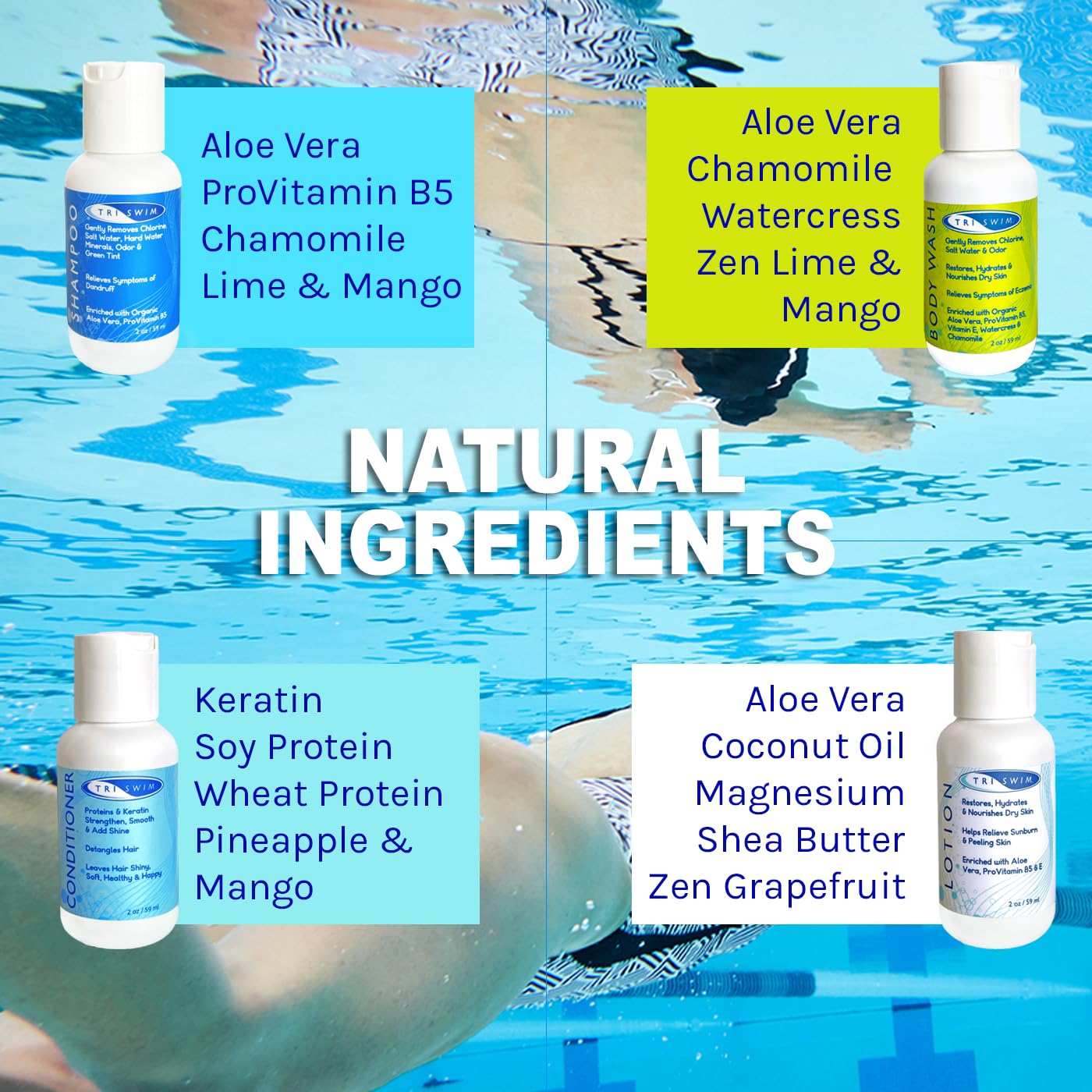 TRISWIM Shot Set in Travel Bag – 2oz Chlorine-Out Shampoo, Body Wash, Conditioner & Lotion