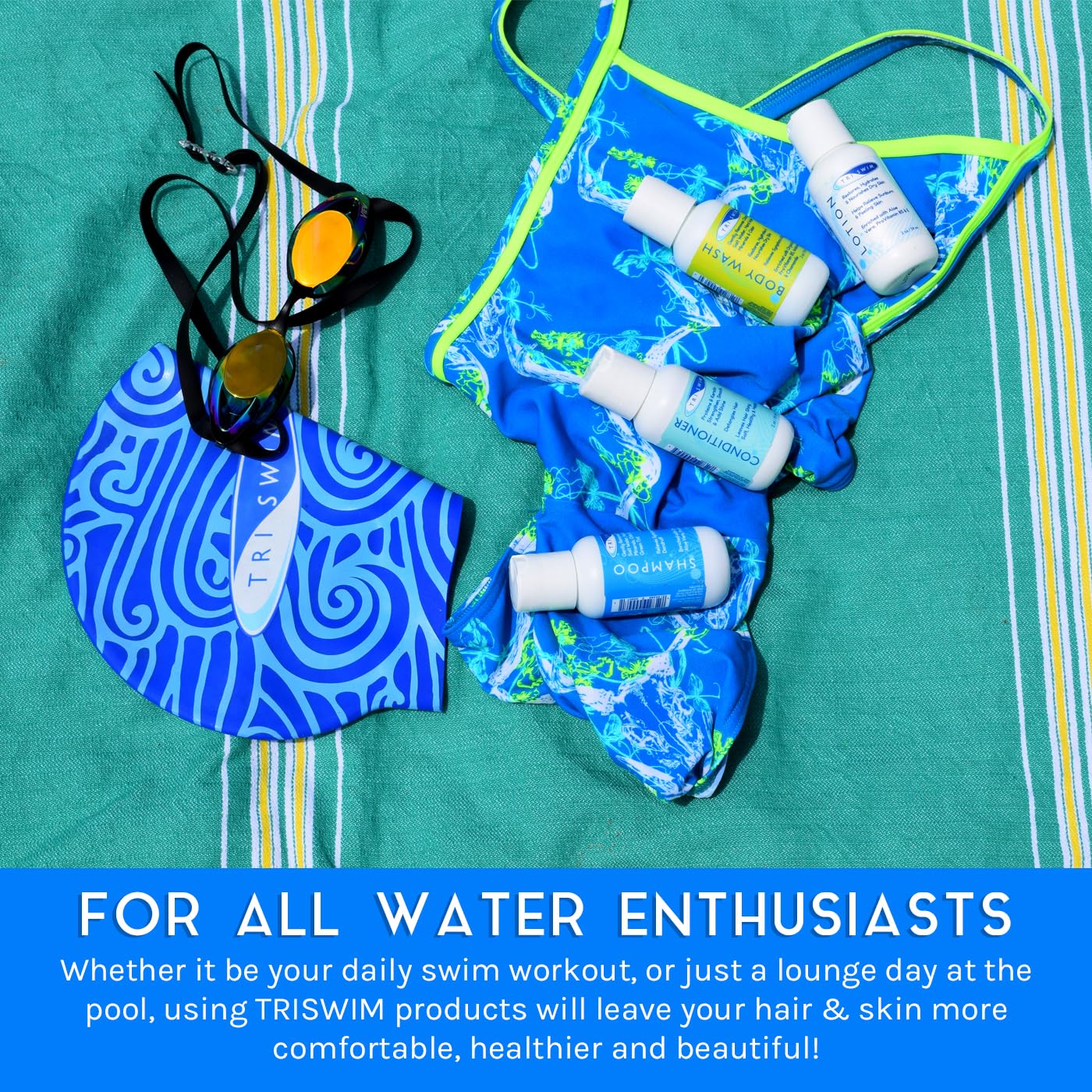 TRISWIM Shot Set in Travel Bag – 2oz Chlorine-Out Shampoo, Body Wash, Conditioner & Lotion