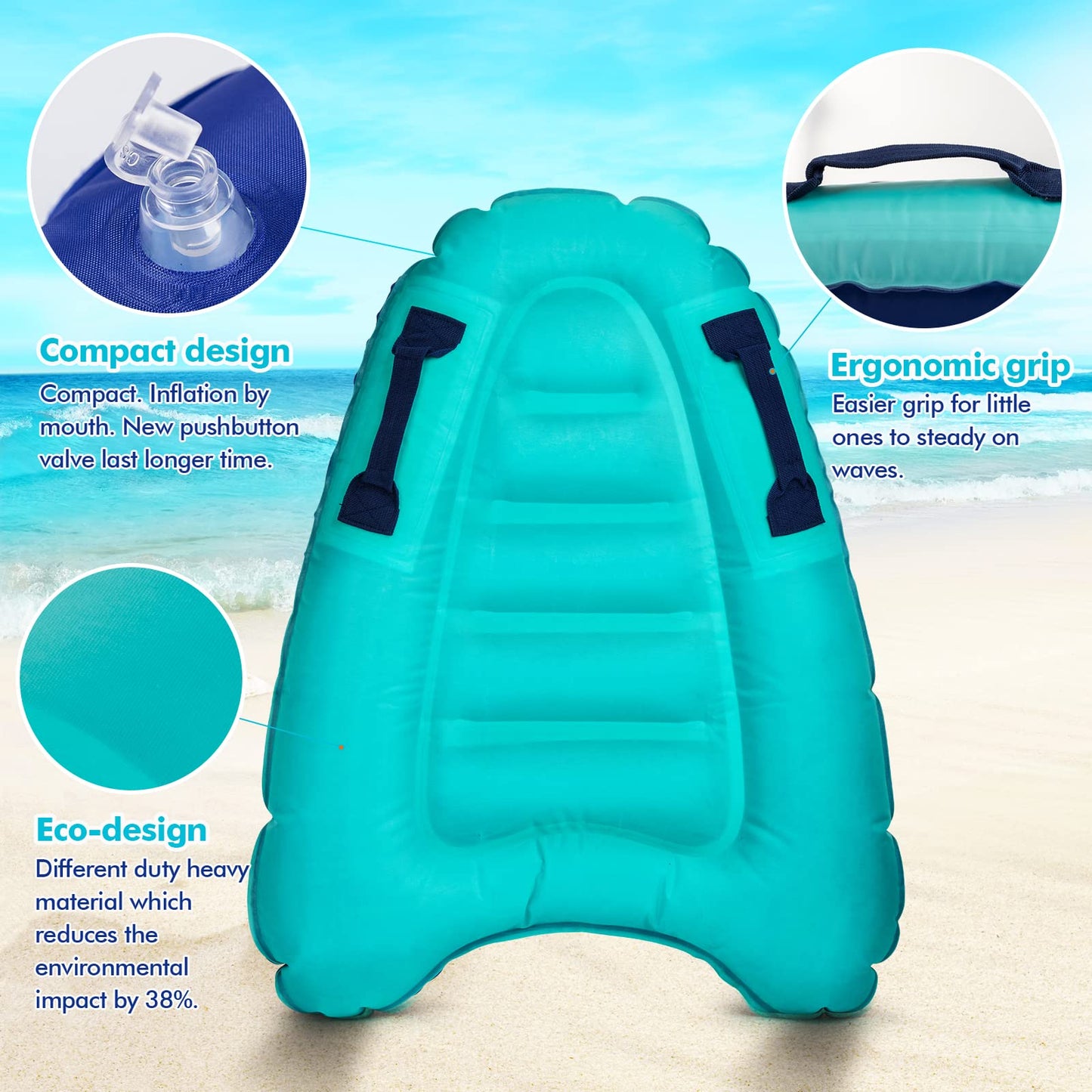 Trivamo Inflatable Surf Body Board with Handles — Learn to Swim & Beach Fun