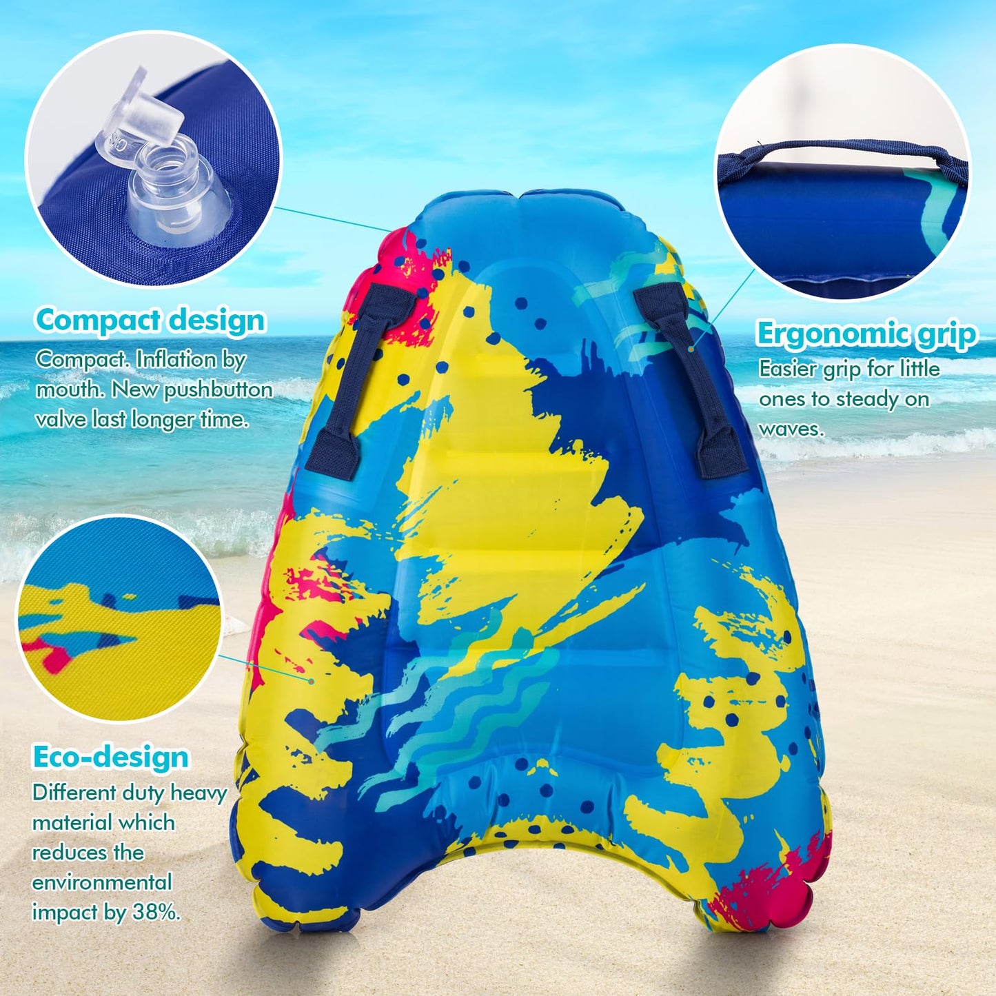 Trivamo 30” Inflatable Boogie Board with Handles – Beach and Pool Body Surfing Toy for Kids 4–12