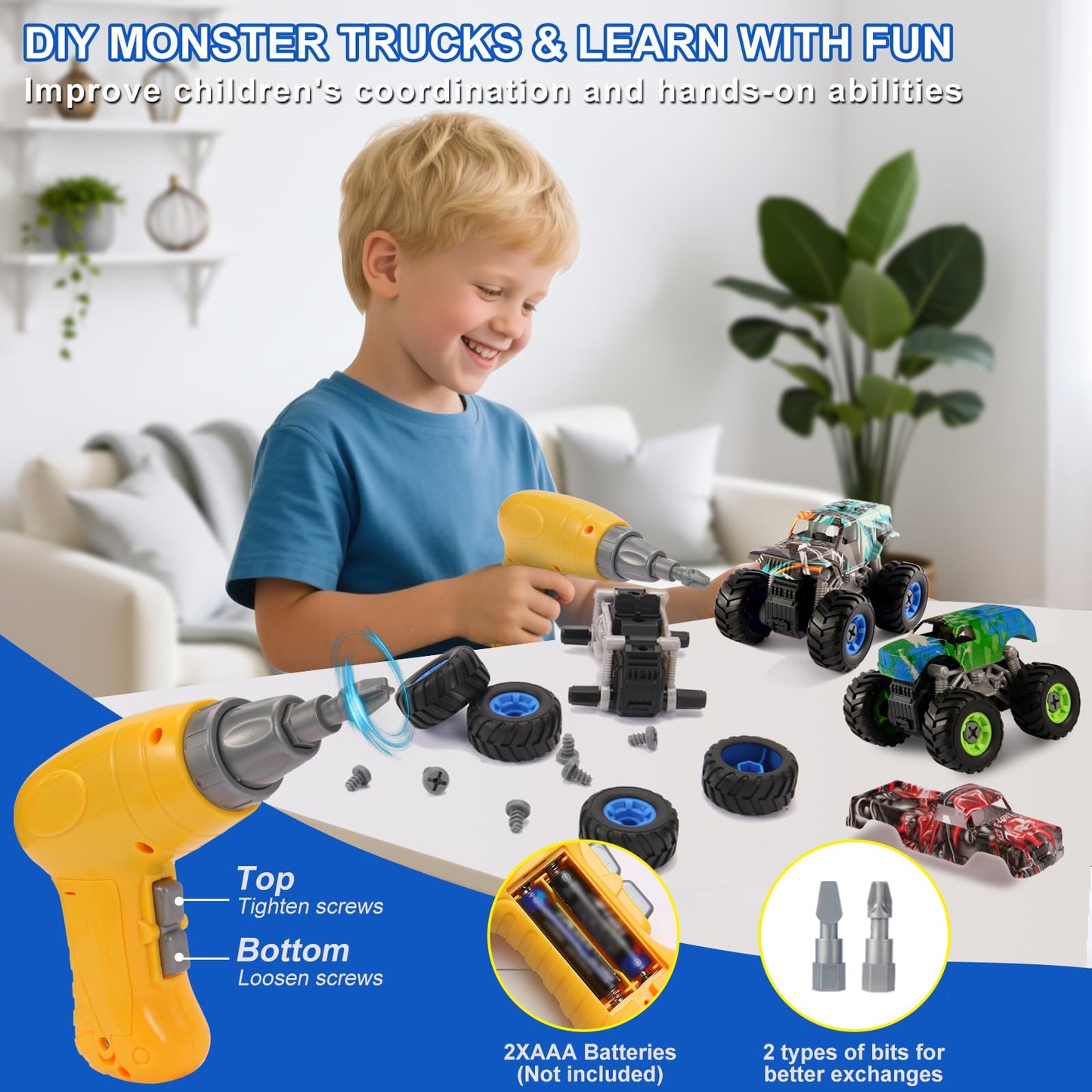 Trovogil Take Apart Monster Trucks with Drill – STEM Toys for Kids 3-8