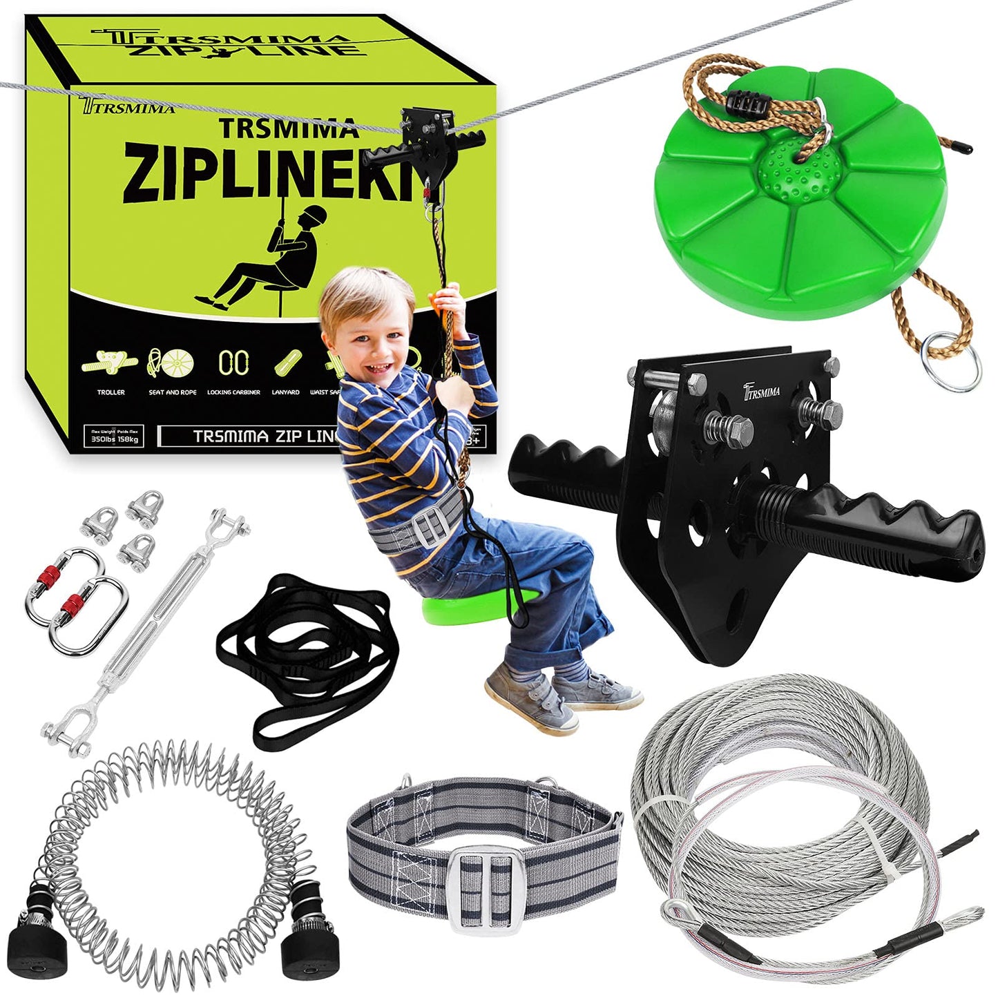 TRSMIMA Zipline Backyard Kit – 76ft Zip Line with Steel Spring Brake System | TT TRSMIMA