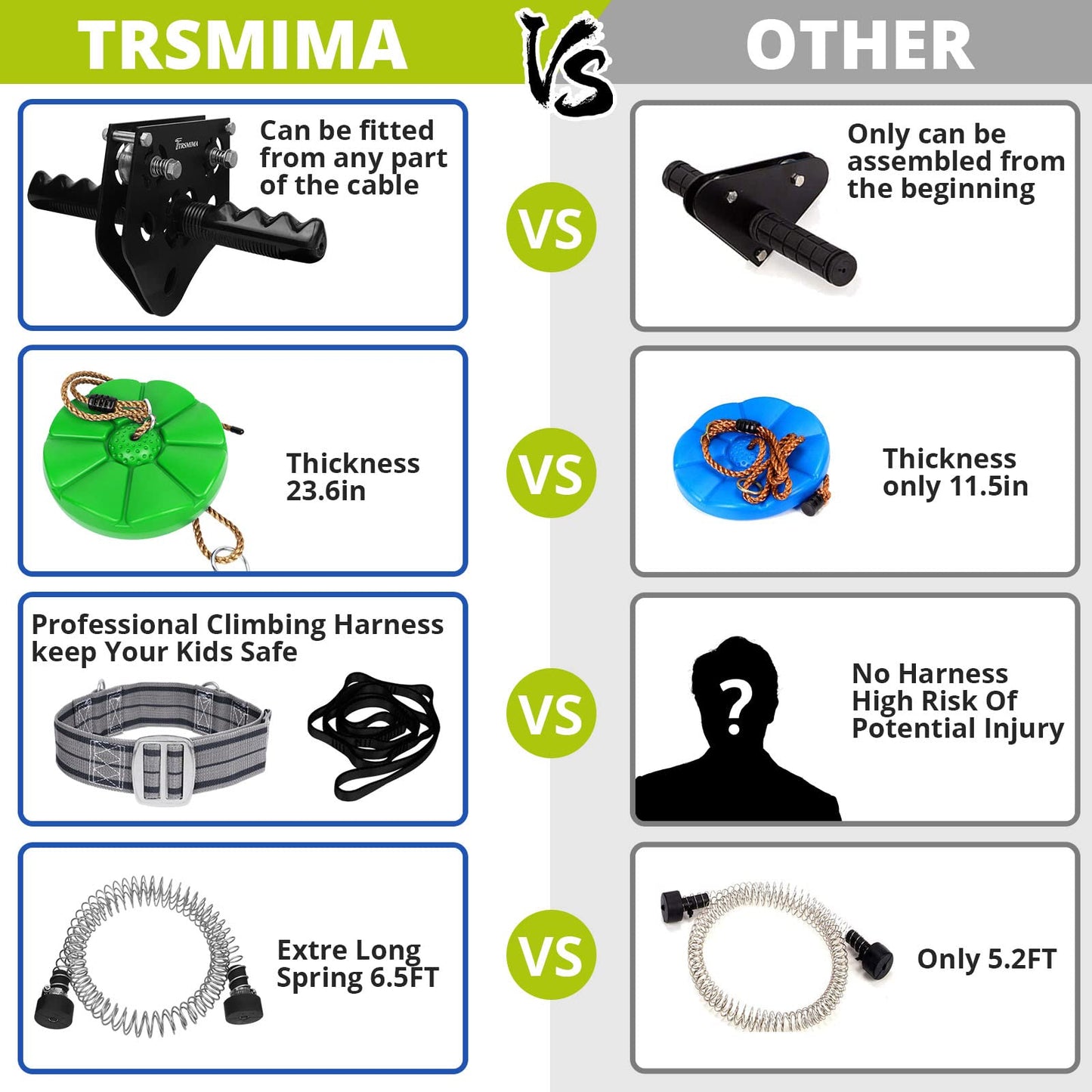 TRSMIMA Zipline Backyard Kit – 76ft Zip Line with Steel Spring Brake System | TT TRSMIMA