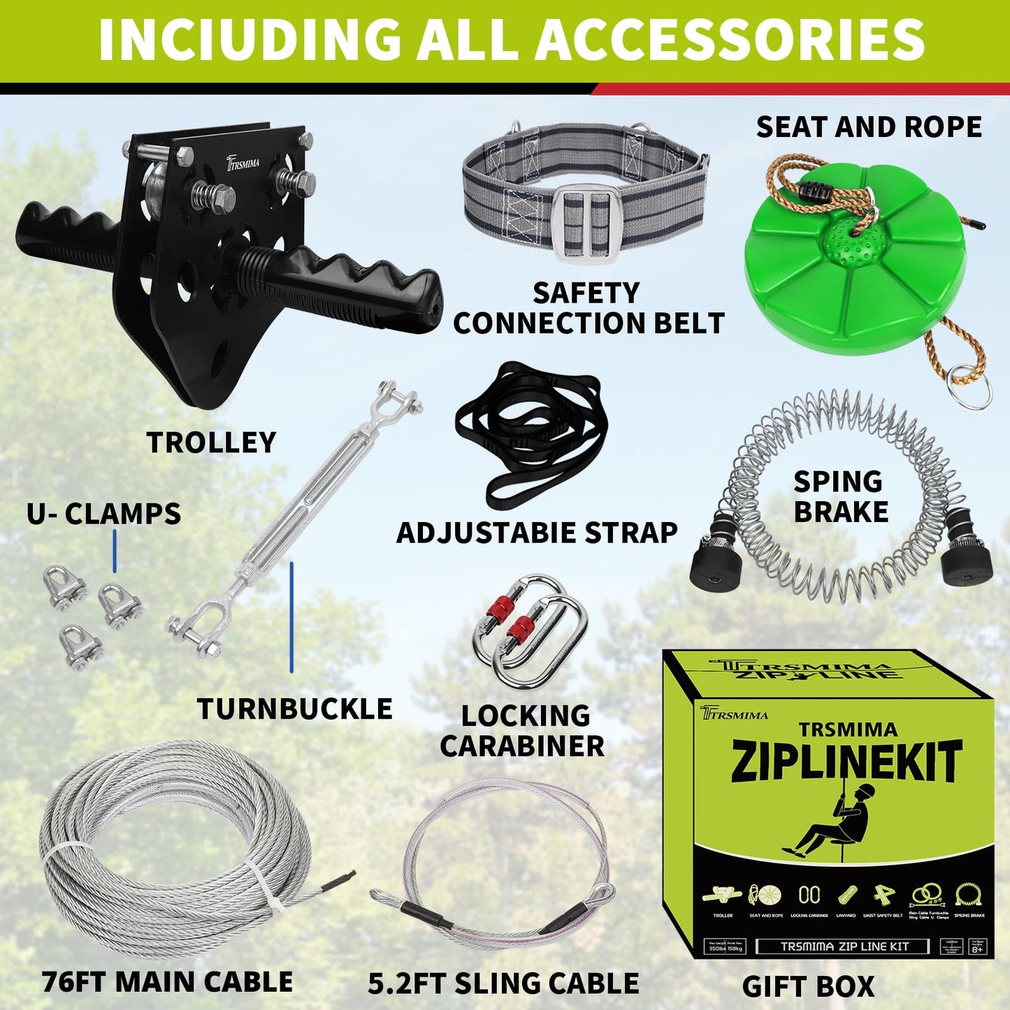 TRSMIMA Zipline Backyard Kit – 76ft Zip Line with Steel Spring Brake System | TT TRSMIMA