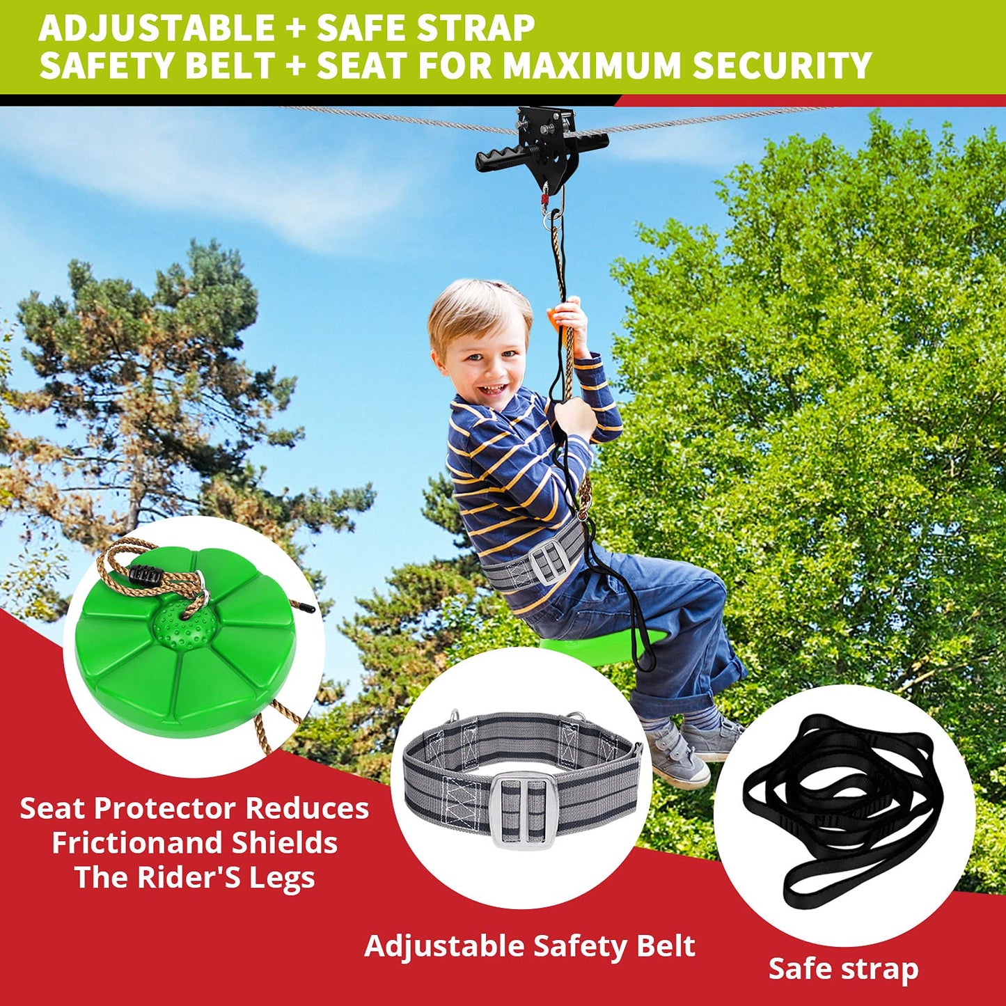 TRSMIMA Zipline Backyard Kit – 76ft Zip Line with Steel Spring Brake System | TT TRSMIMA