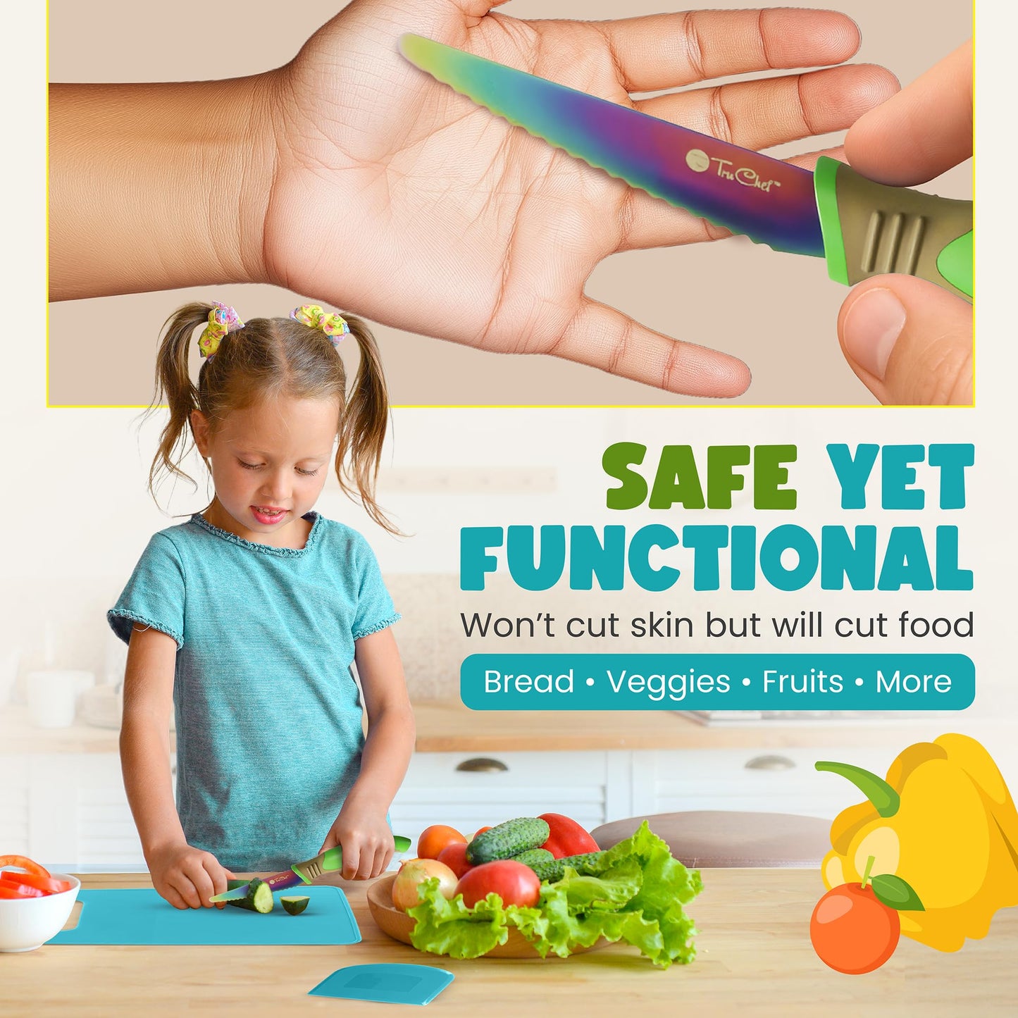 TruChef Kids Knife Set for Real Cooking — 16-Piece Safe Rainbow Blades Kit