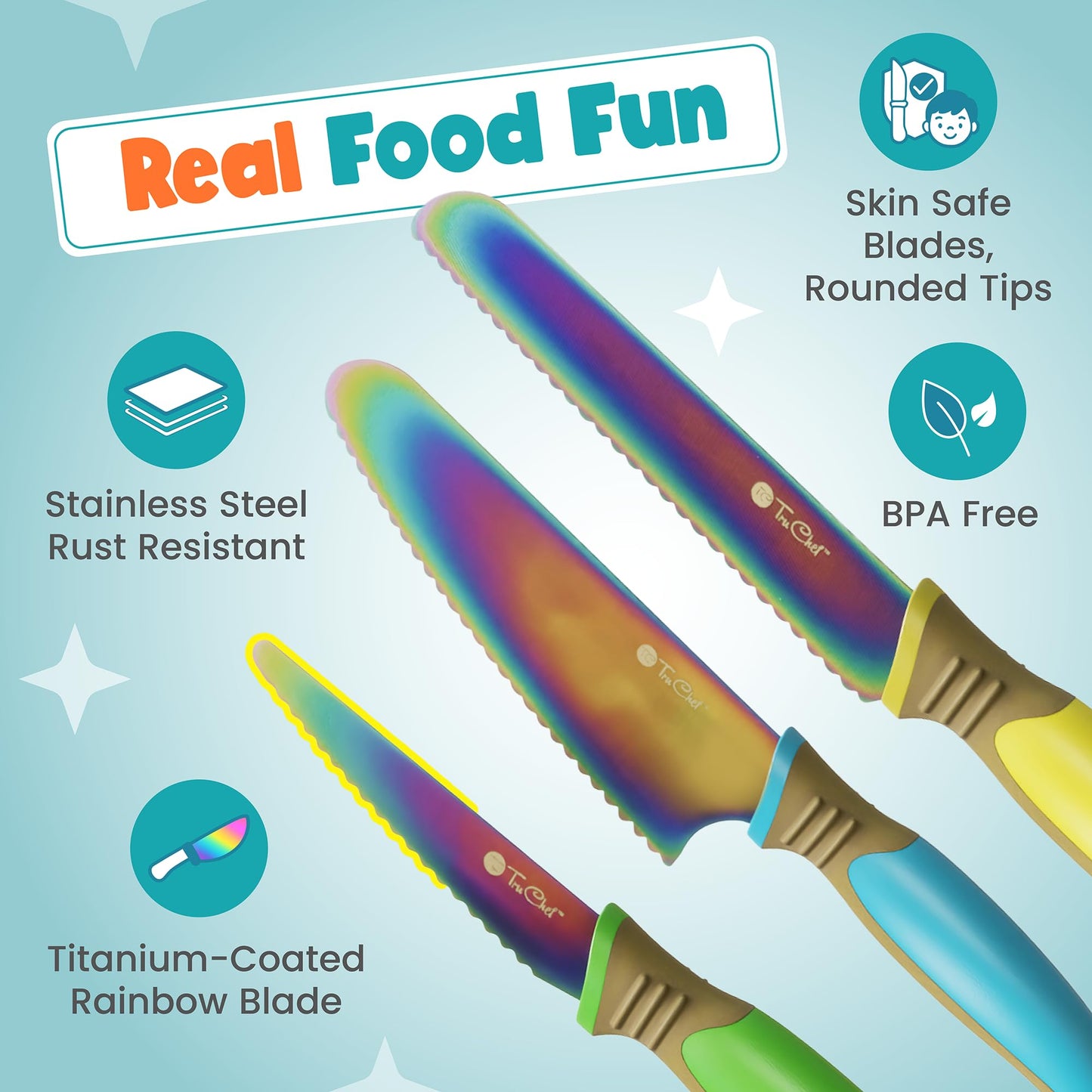TruChef Kids Knife Set for Real Cooking — 16-Piece Safe Rainbow Blades Kit