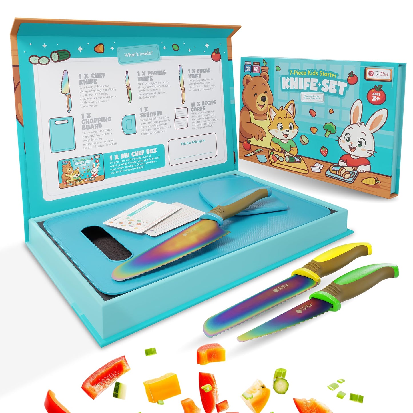 TruChef Kids Knife Set for Real Cooking — 16-Piece Safe Rainbow Blades Kit