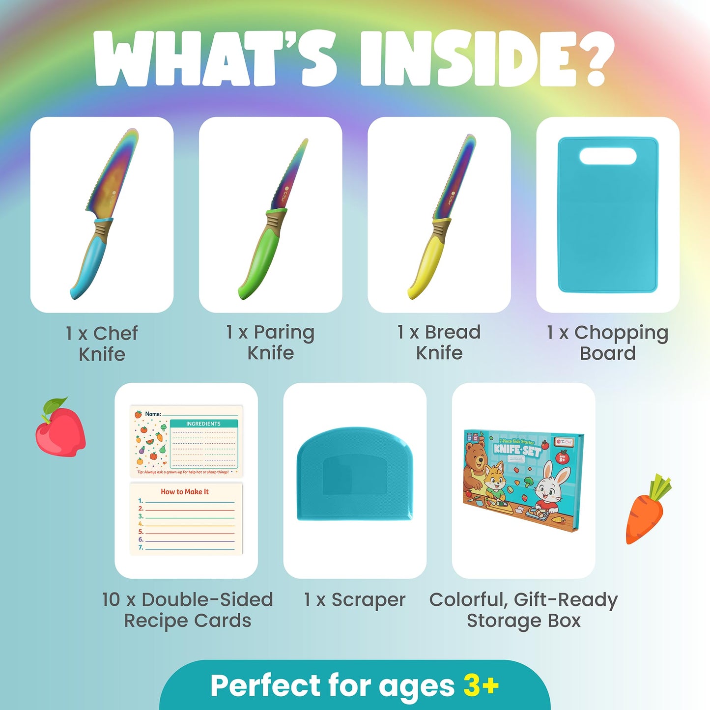 TruChef Kids Knife Set for Real Cooking — 16-Piece Safe Rainbow Blades Kit