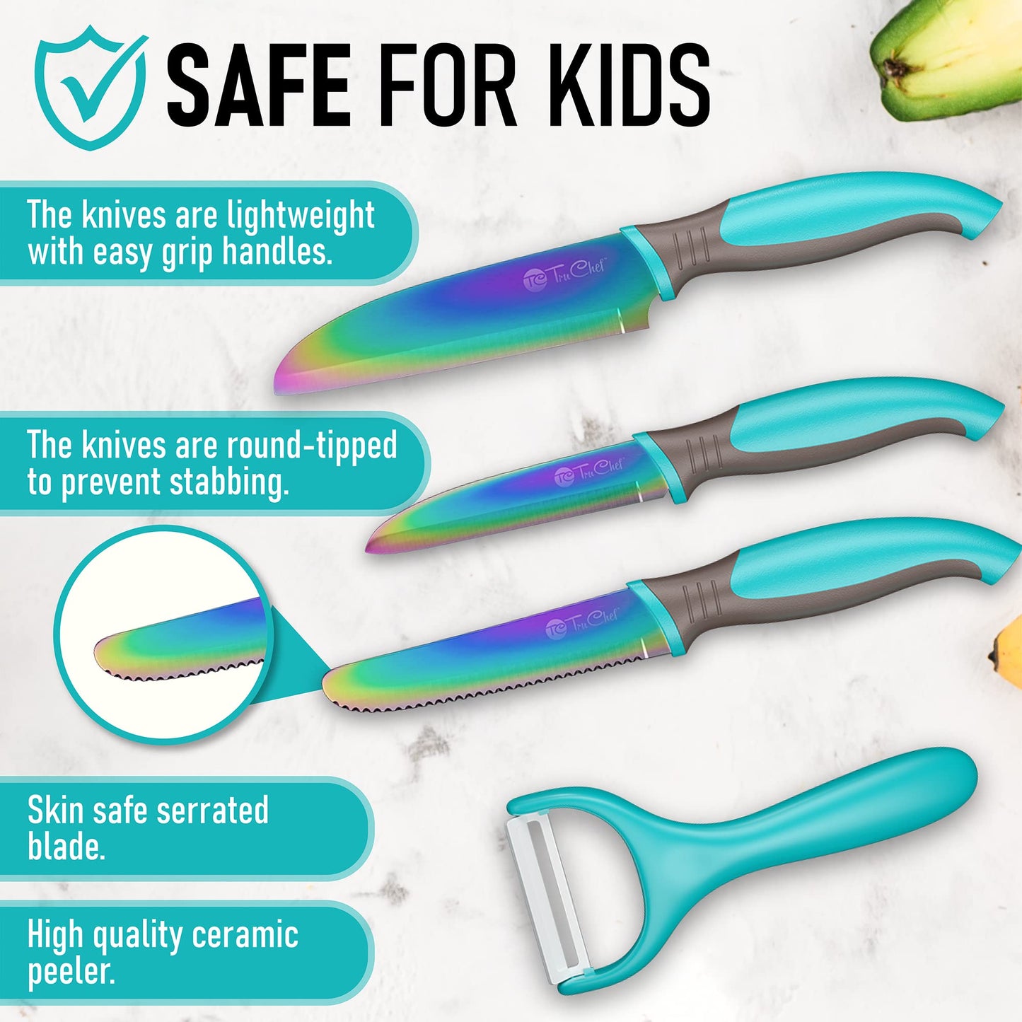TruChef 5-Piece Kids Knife Set – Real Stainless Steel, Safe for Young Chefs (Aqua)
