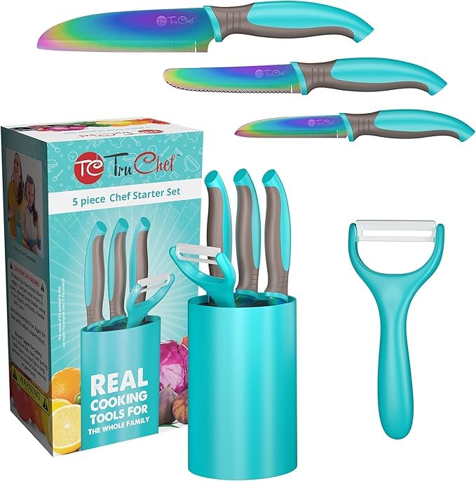 TruChef 5-Piece Kids Knife Set – Real Stainless Steel, Safe for Young Chefs (Aqua)