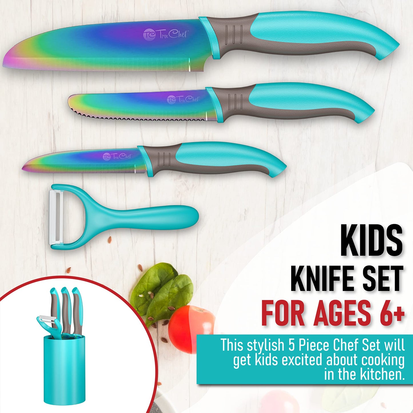 TruChef 5-Piece Kids Knife Set – Real Stainless Steel, Safe for Young Chefs (Aqua)