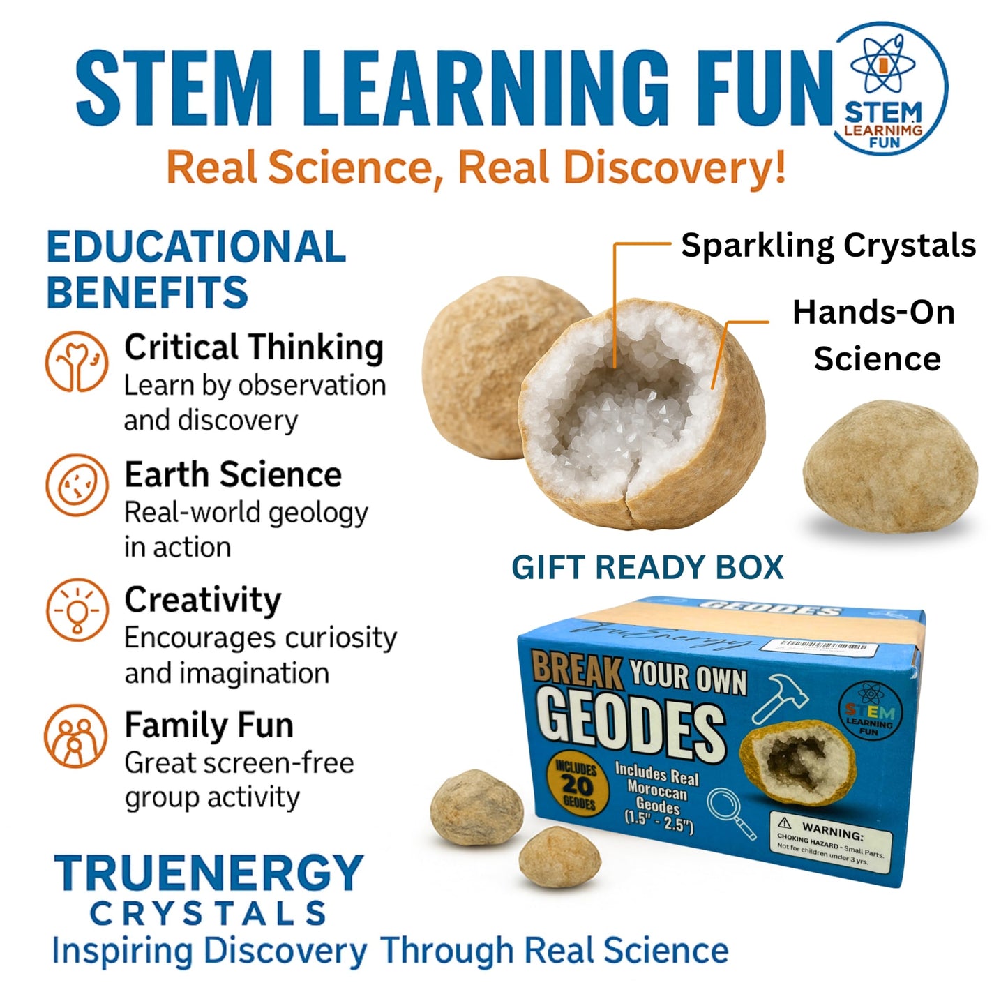 TruEnergy Geodes for Kids Break Open Science Kit – 20 Natural Crystal Geodes, Magnifying Glass & Learning Guide