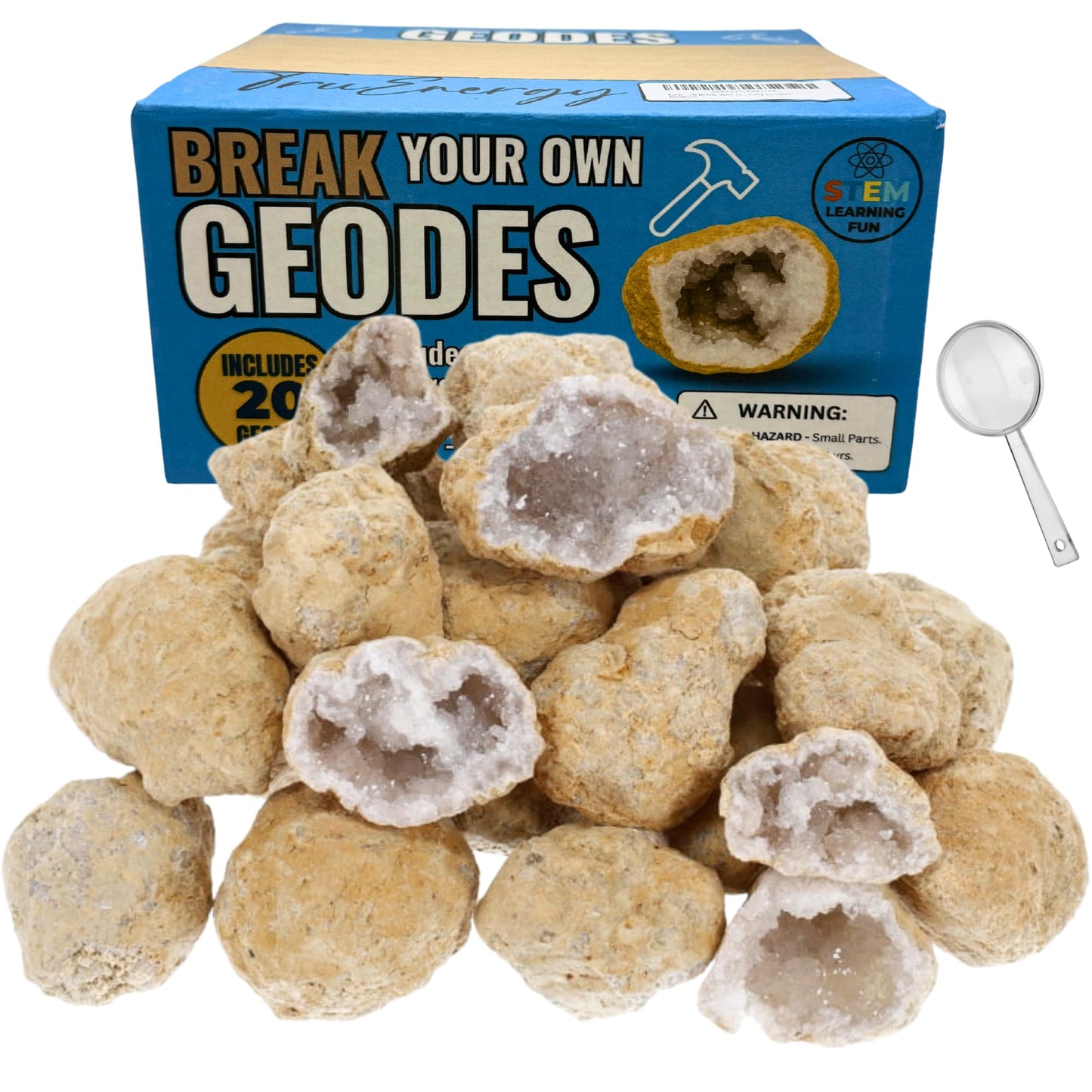 TruEnergy Geodes for Kids Break Open Science Kit – 20 Natural Crystal Geodes, Magnifying Glass & Learning Guide