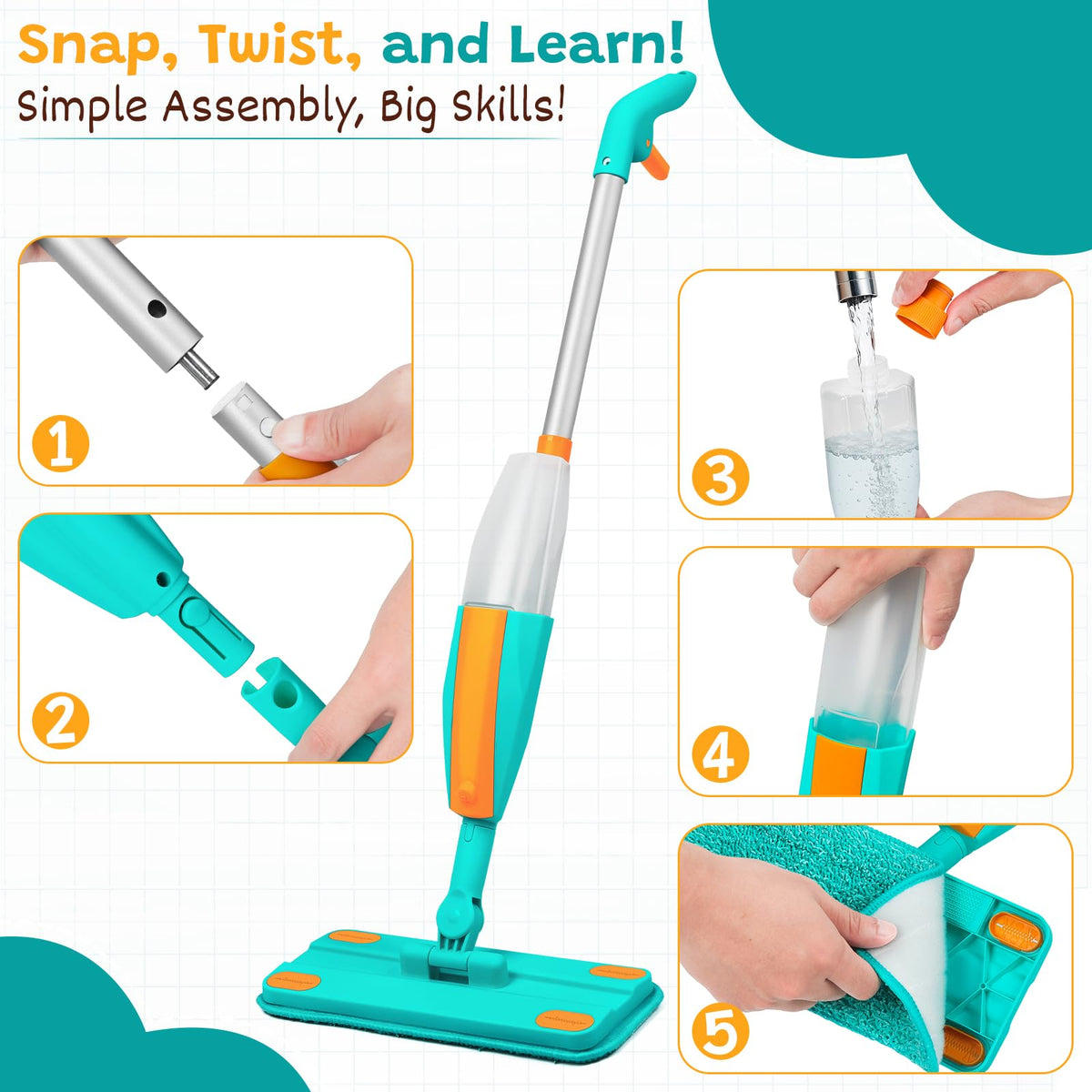 TrueYee Kids Spray Mop with Real Sprayer & Washable Pads
