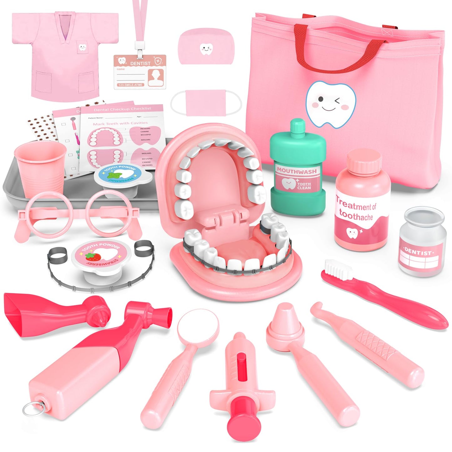 Trulloyoo Dentist Play Set Pink - Pretend Dental Kit for 3-5