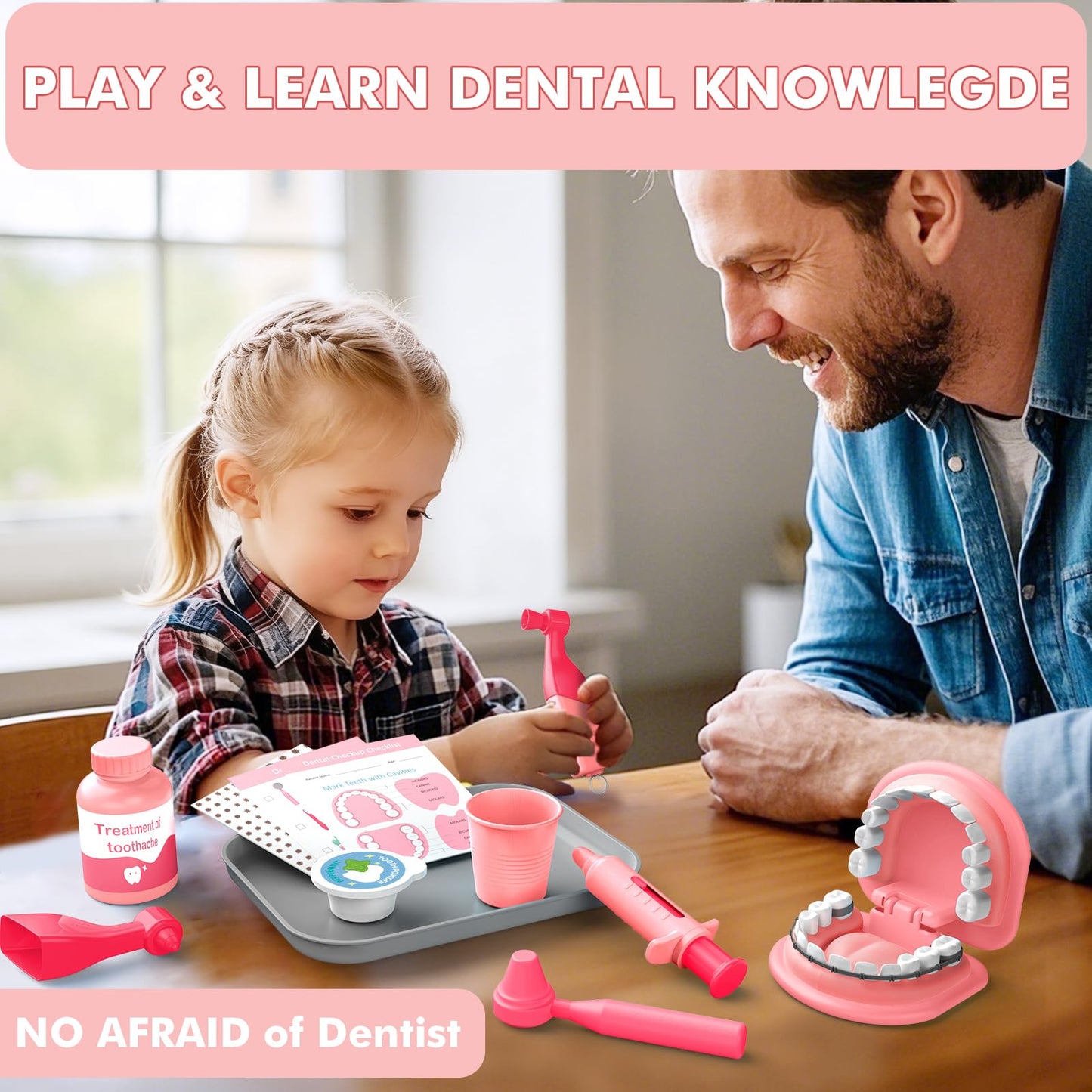 Trulloyoo Dentist Play Set Pink - Pretend Dental Kit for 3-5