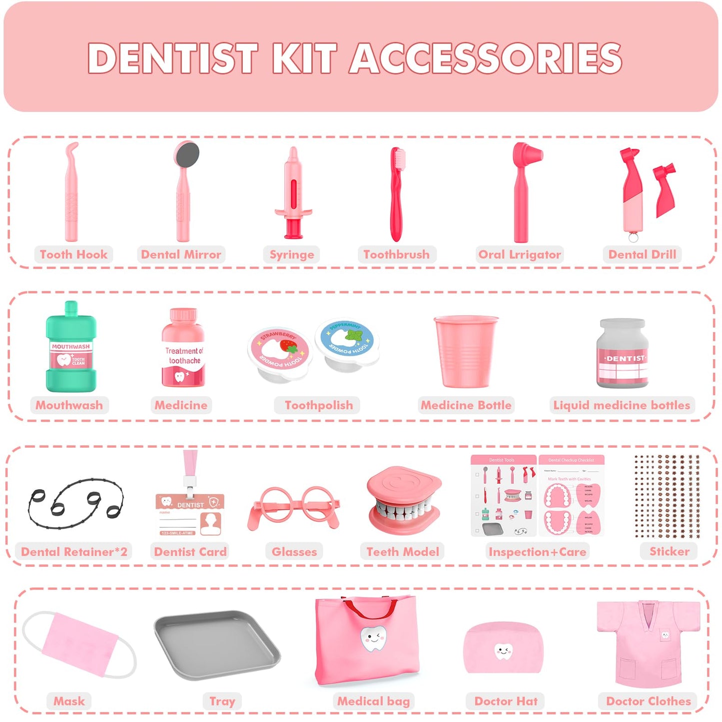 Trulloyoo Dentist Play Set Pink - Pretend Dental Kit for 3-5