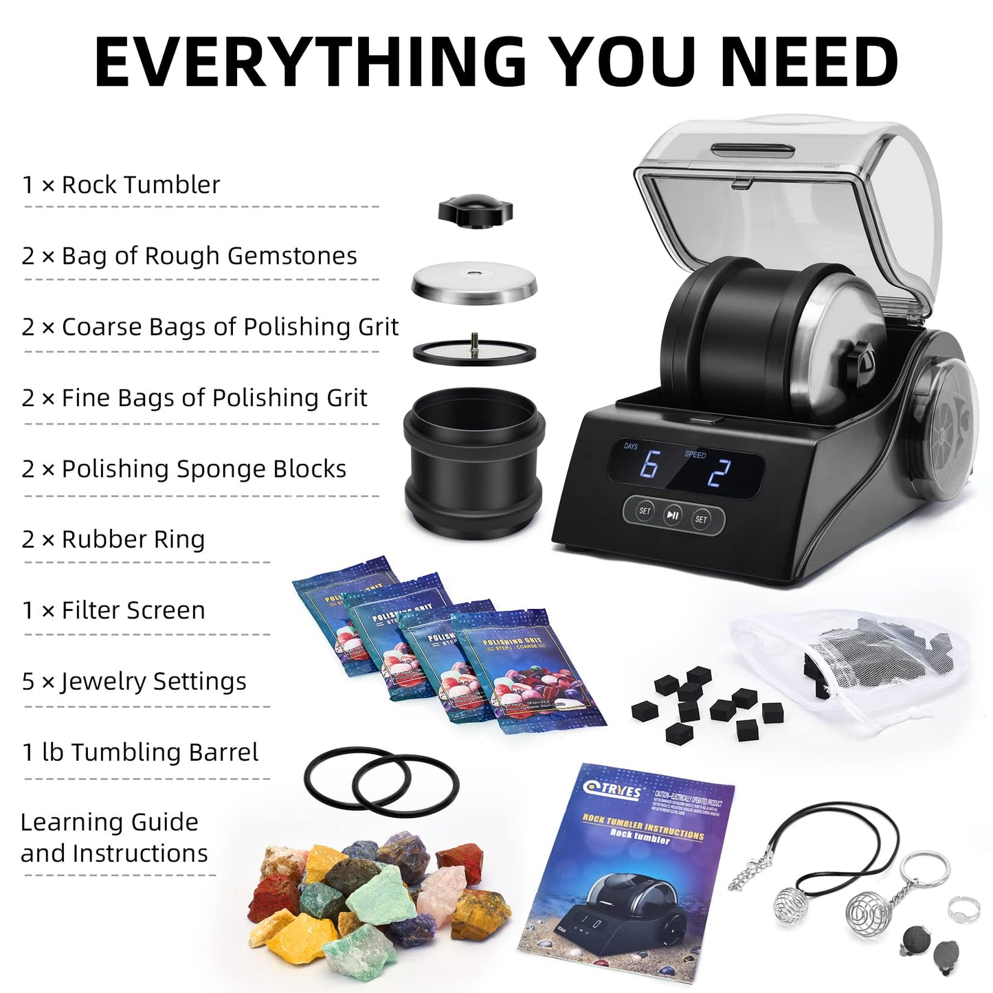 Tryes Rock Tumbler Kit Adults – Quiet, Adjustable Speed & Timer, Includes Grits, Gemstones & Learning Guide