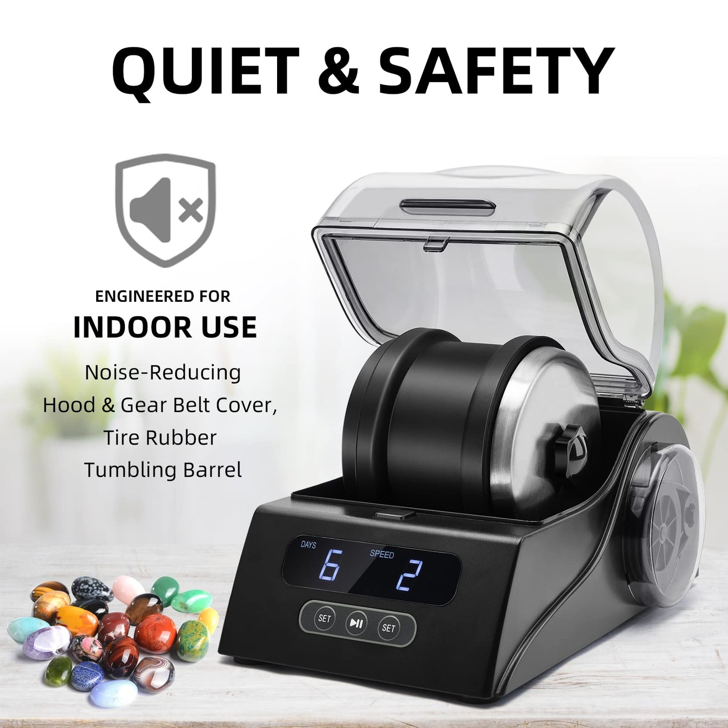 Tryes Rock Tumbler Kit Adults – Quiet, Adjustable Speed & Timer, Includes Grits, Gemstones & Learning Guide